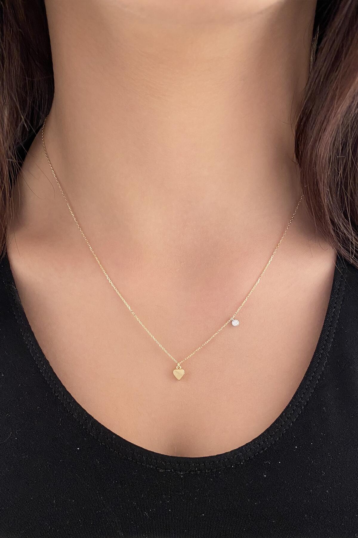 14K Gold Heart Charm With Clear Stone Necklace