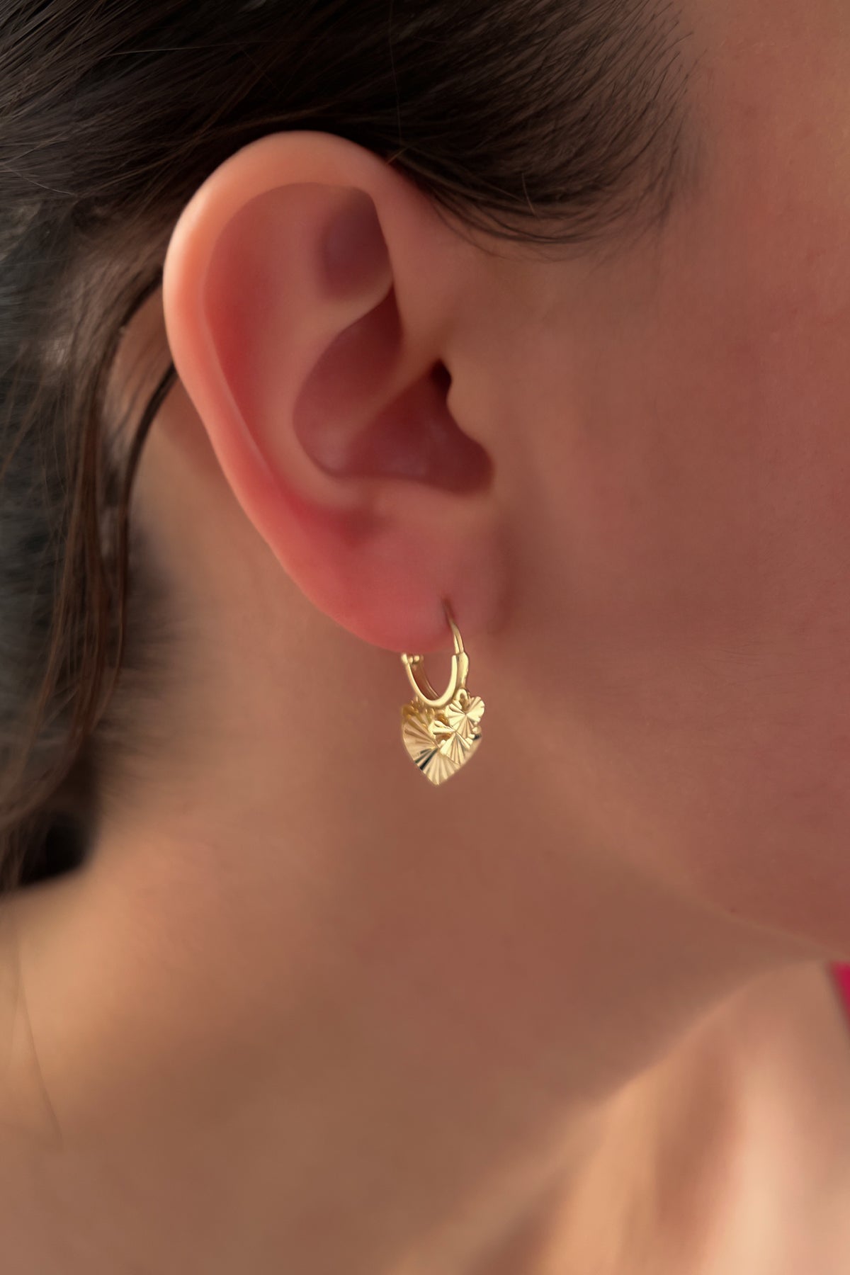 14K Gold Heart Dangle Hoop Earrings