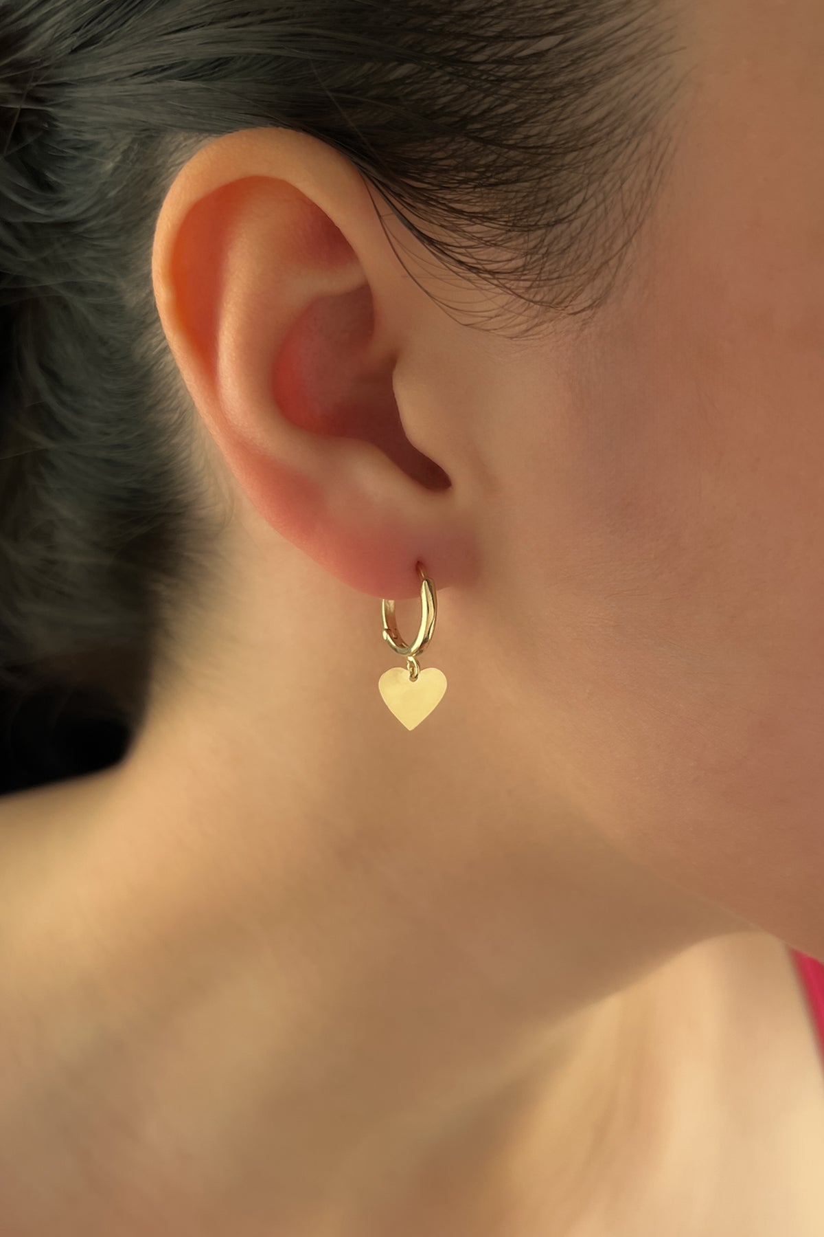 14K Gold Heart Dangle Huggie Earrings