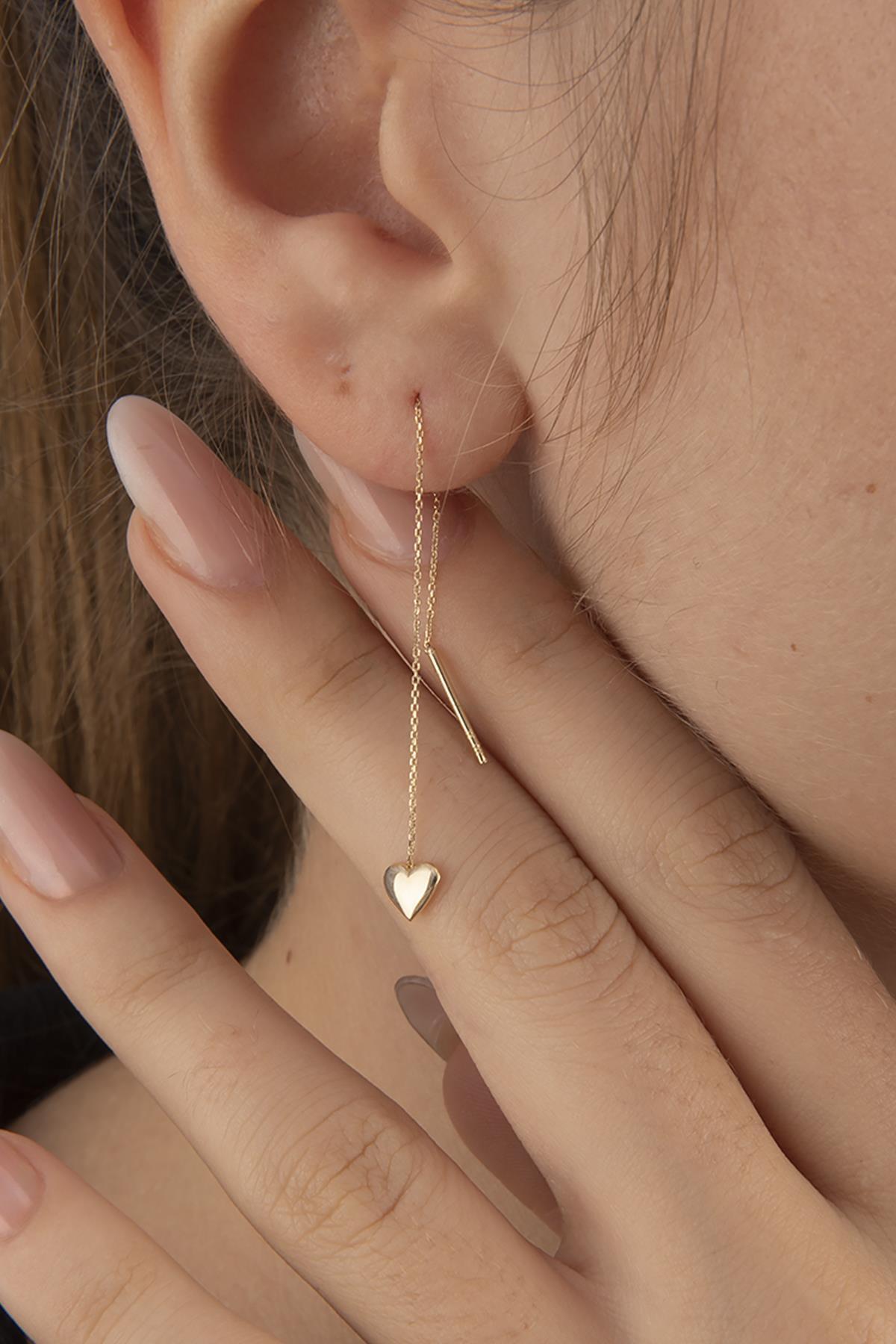 14K Gold Heart Drop Threader Earring (Single)