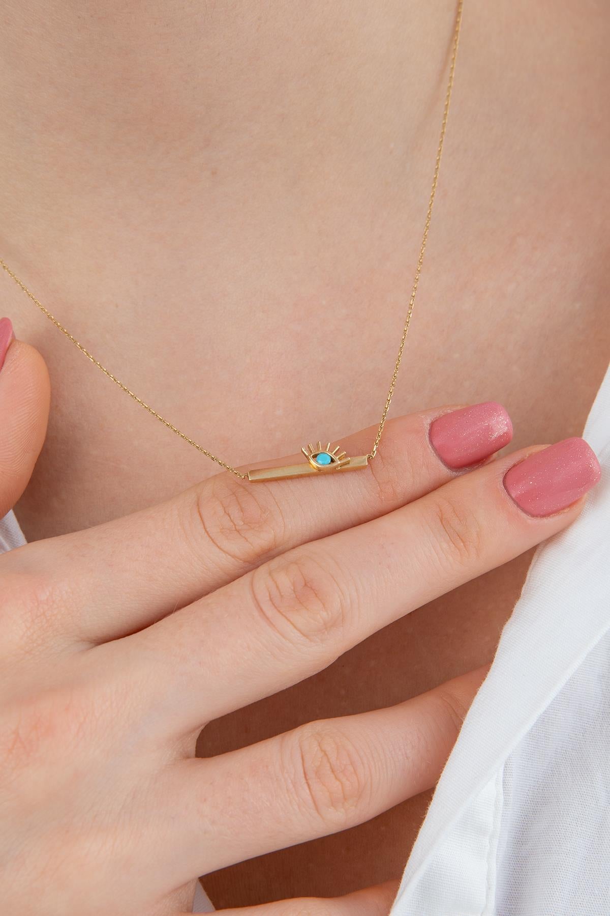 14K Gold Horizontal Bar Evil Eye Necklace