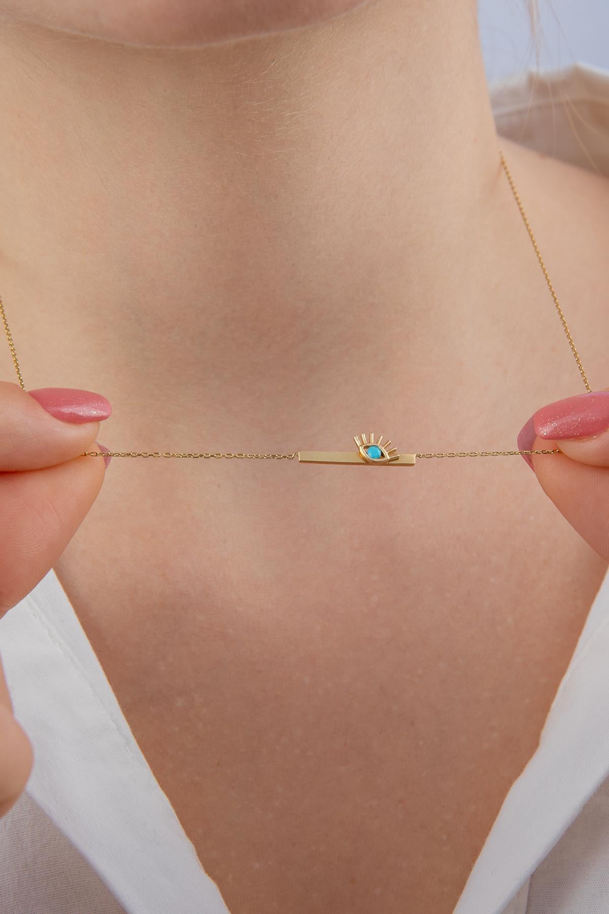 14K Gold Horizontal Bar Evil Eye Necklace