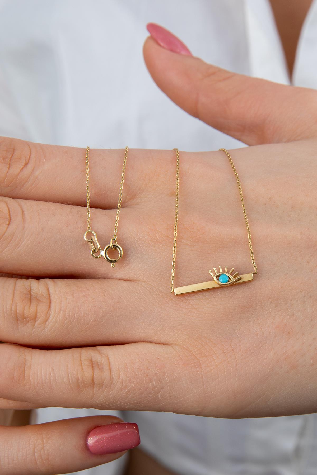 14K Gold Horizontal Bar Evil Eye Necklace