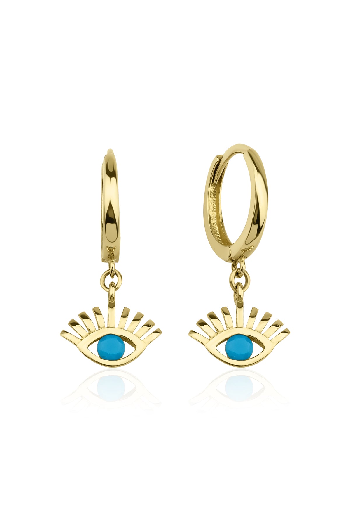 14K Gold Huggie Earrings Evil Eye Dangle