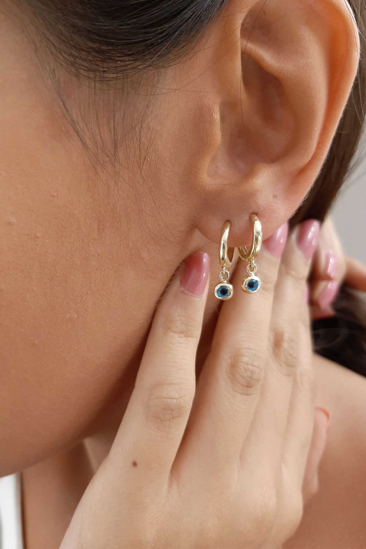 14K Gold Huggie Earrings Evil Eye Dangle