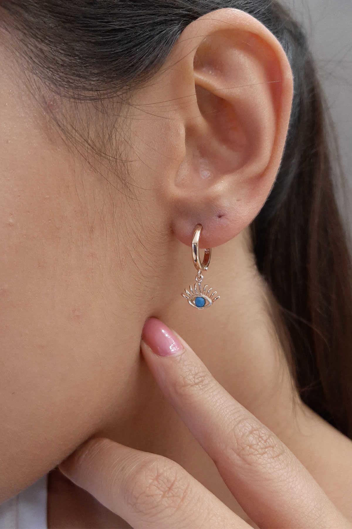 14K Gold Huggie Earrings Evil Eye Dangle