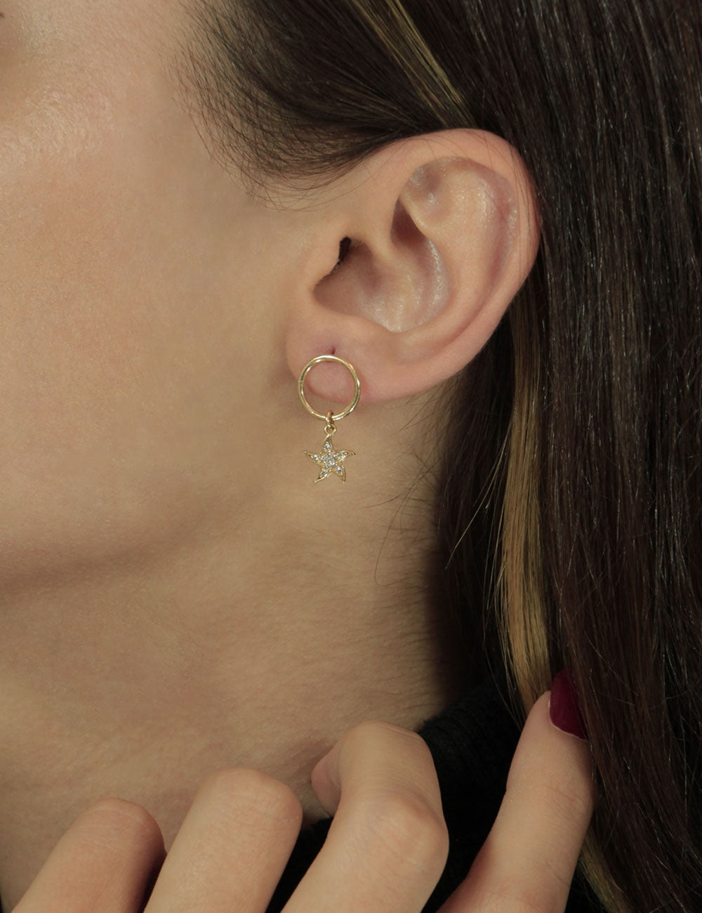 14K Gold Huggie Earrings Seastar Dangle