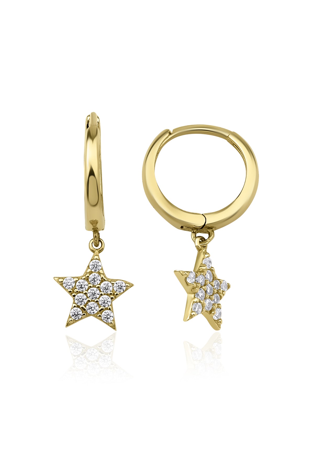 14K Gold Huggie Earrings Stone Star Dangle