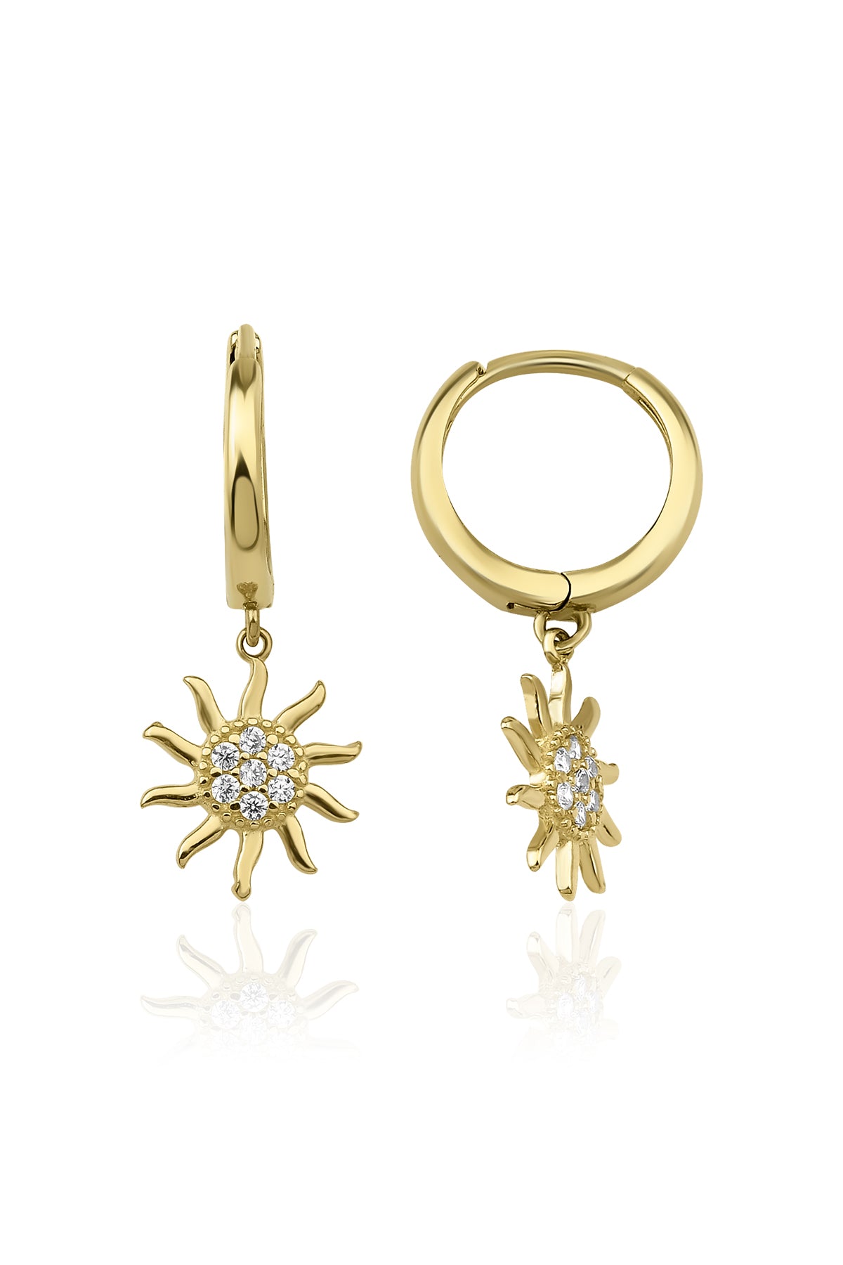 14K Gold Huggie Earrings Sun Dangle