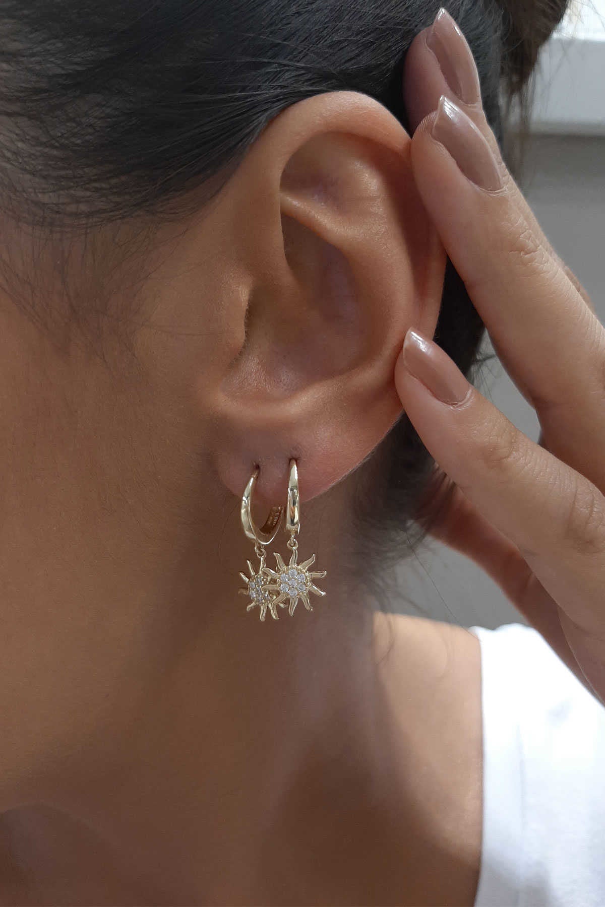 14K Gold Huggie Earrings Sun Dangle