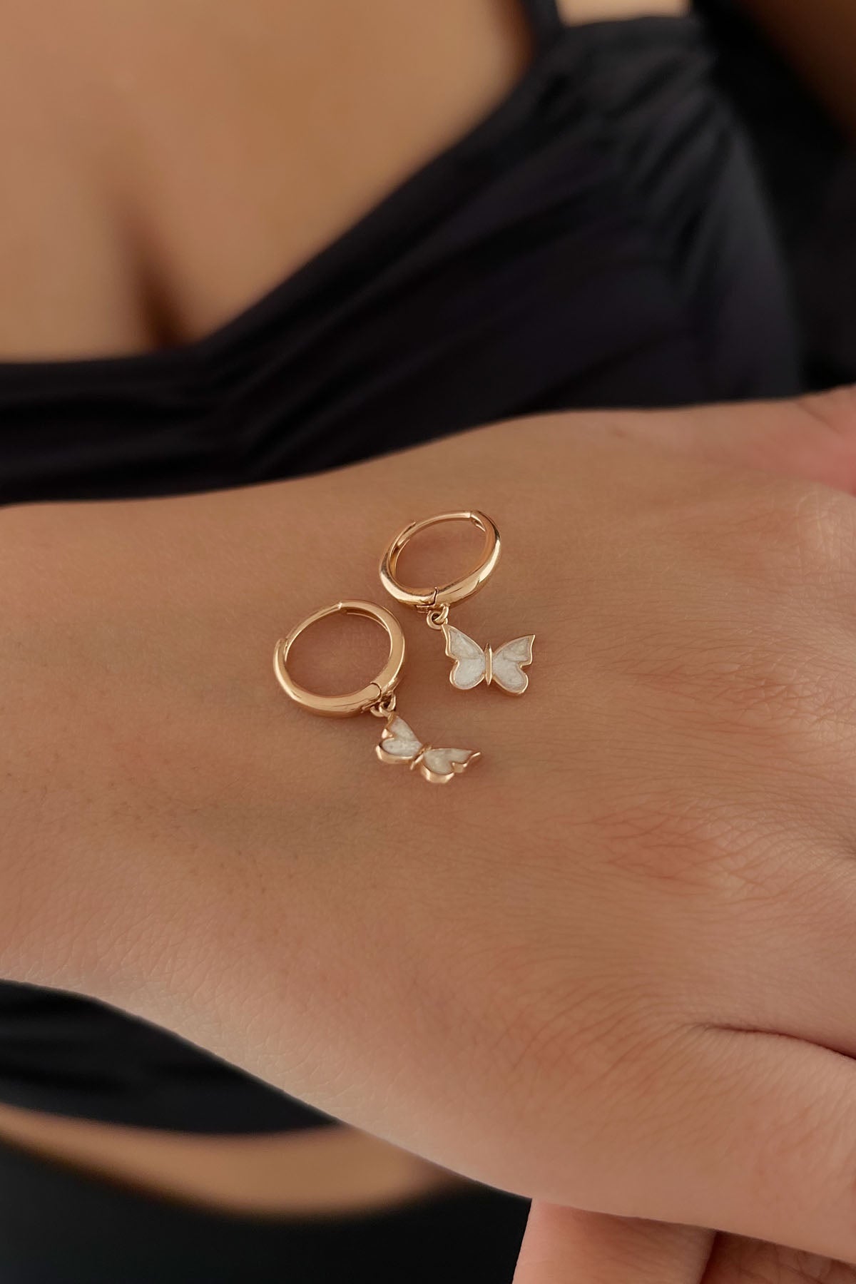 14K Gold Huggie White Enamel Butterfly Shaped Dangle Earrings