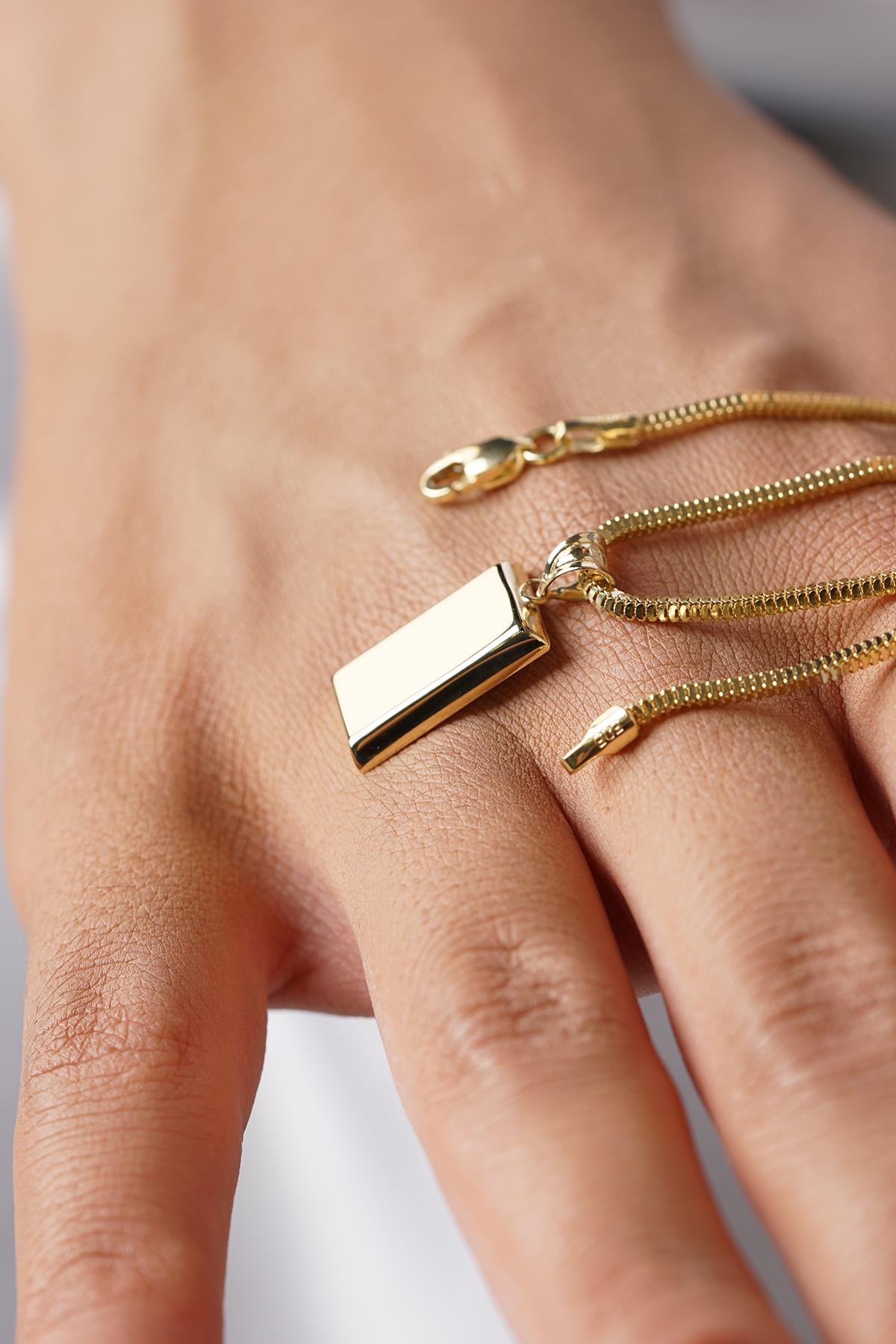 14K Gold Ingot Bar Pendant on Box Chain