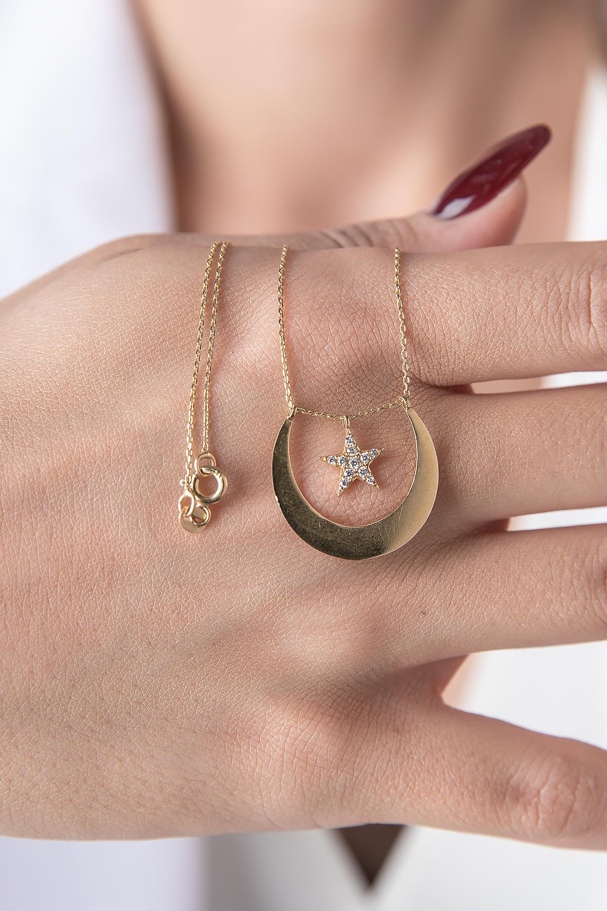 14K Gold Inverted Moon & Star Necklace