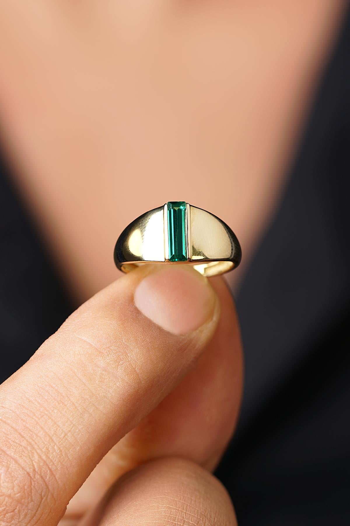 14K Solid Gold Long Green Baguette Ring
