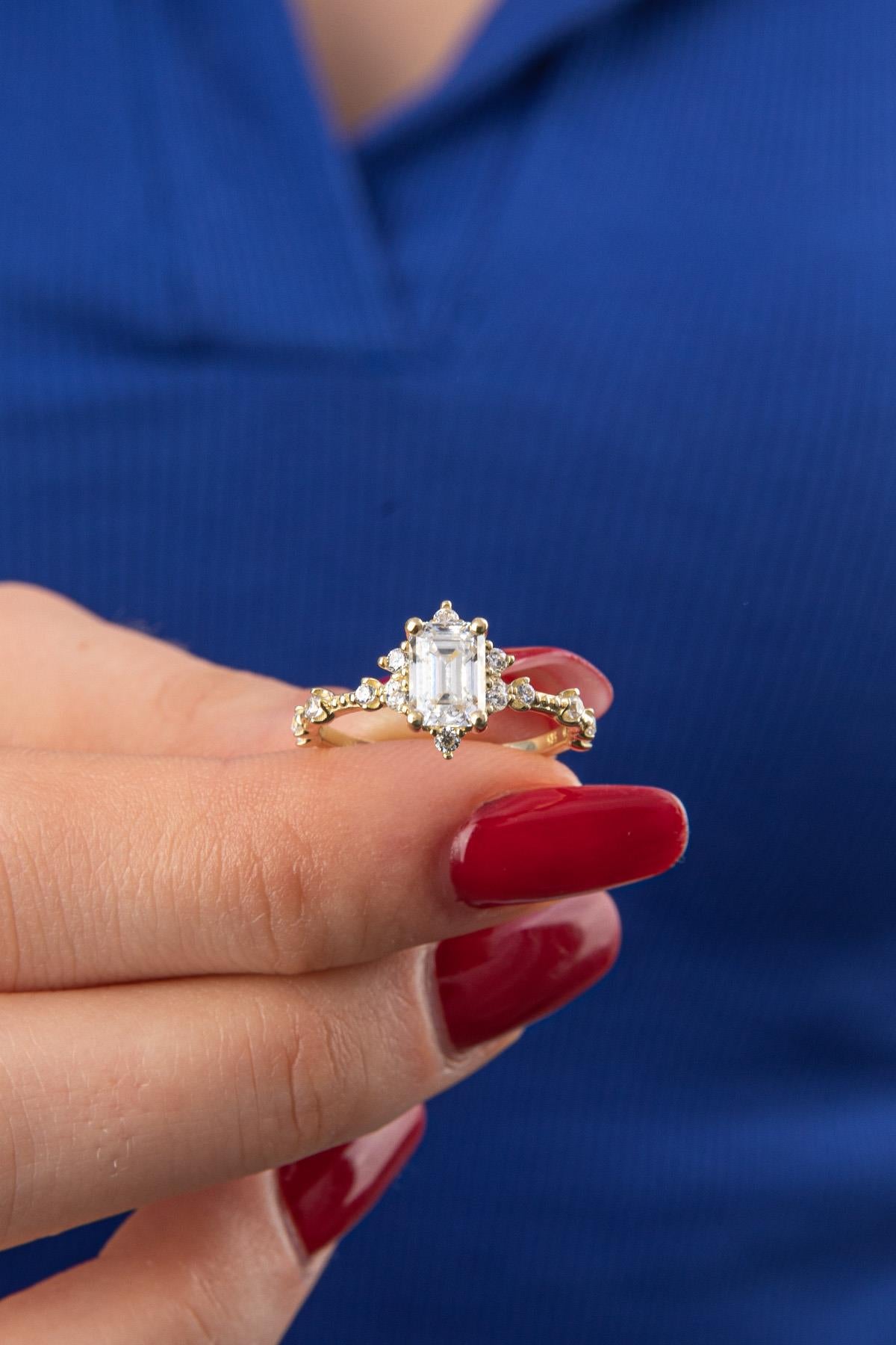 14K Solid Gold Lotus Rose Ring With Baguette Ring