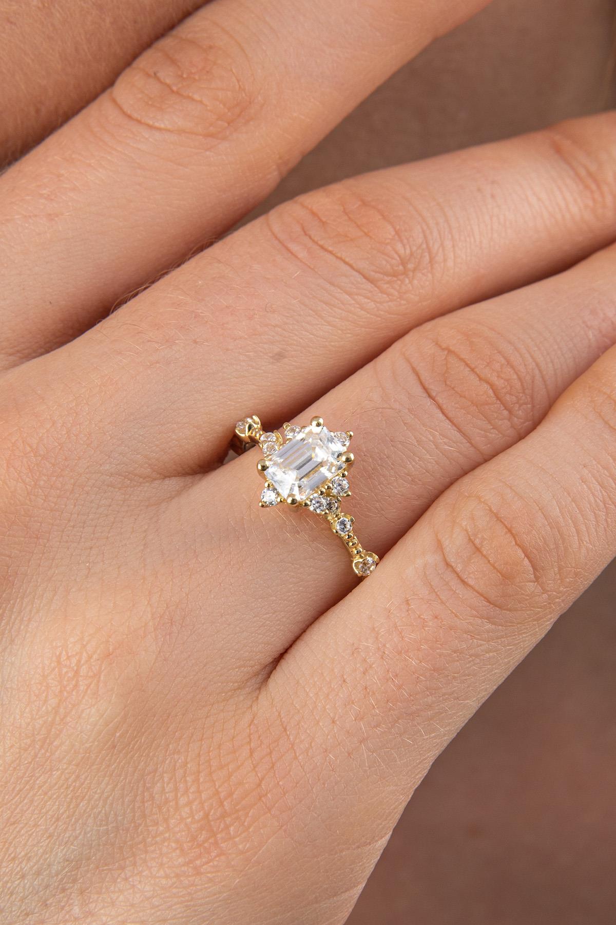 14K Gold Lotus Rose Ring With Baguette Ring