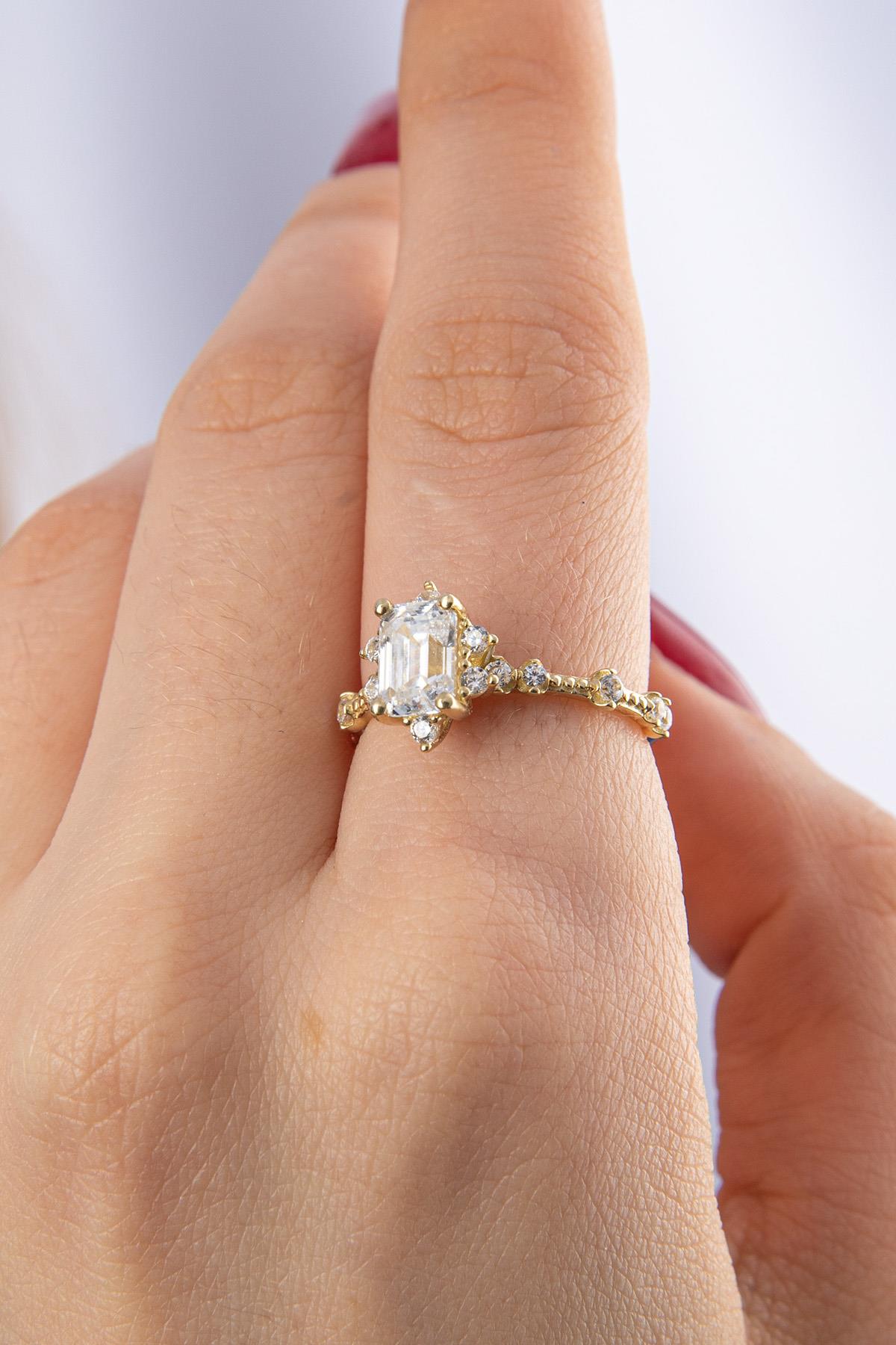 14K Gold Lotus Rose Ring With Baguette Ring