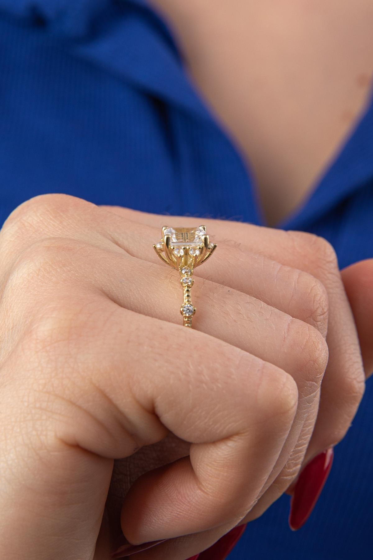 14K Gold Lotus Rose Ring With Baguette Ring