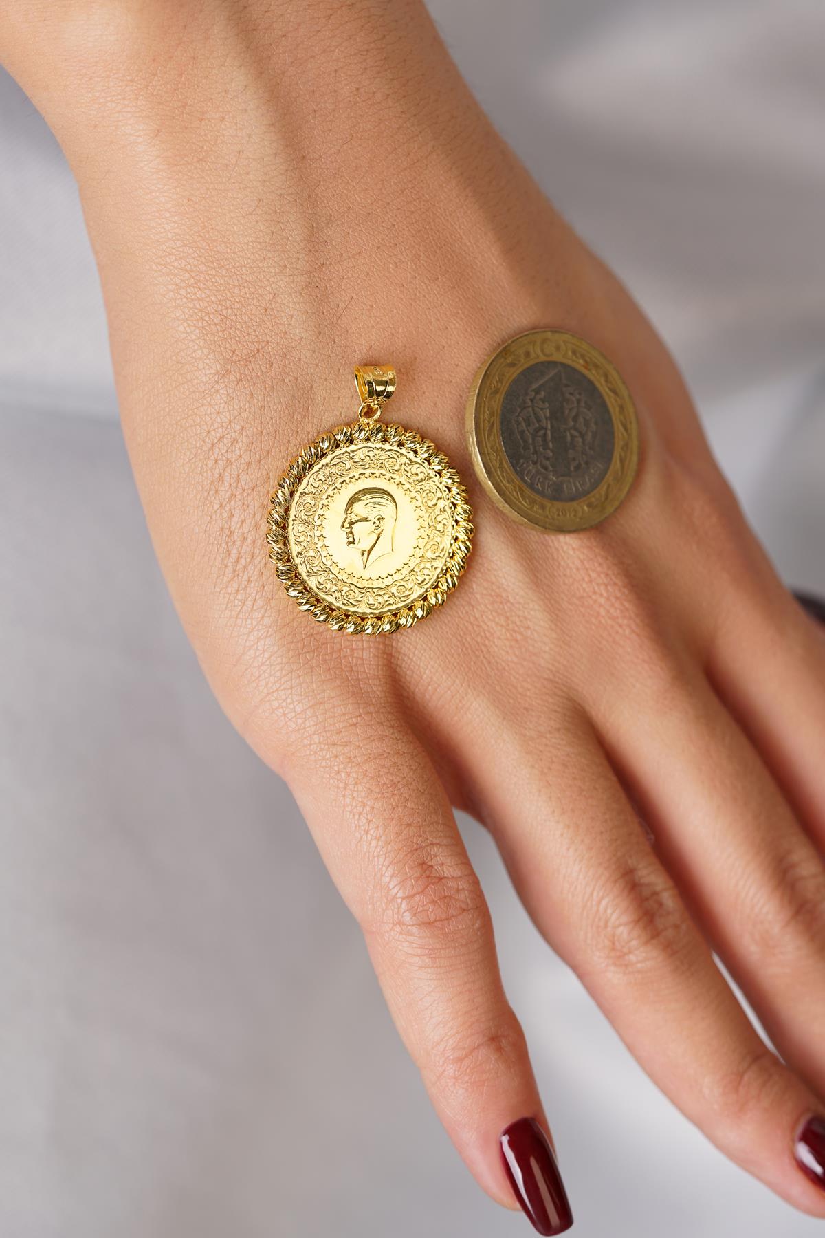 14K Solid Gold Medallion Pendant, Beaded Detail
