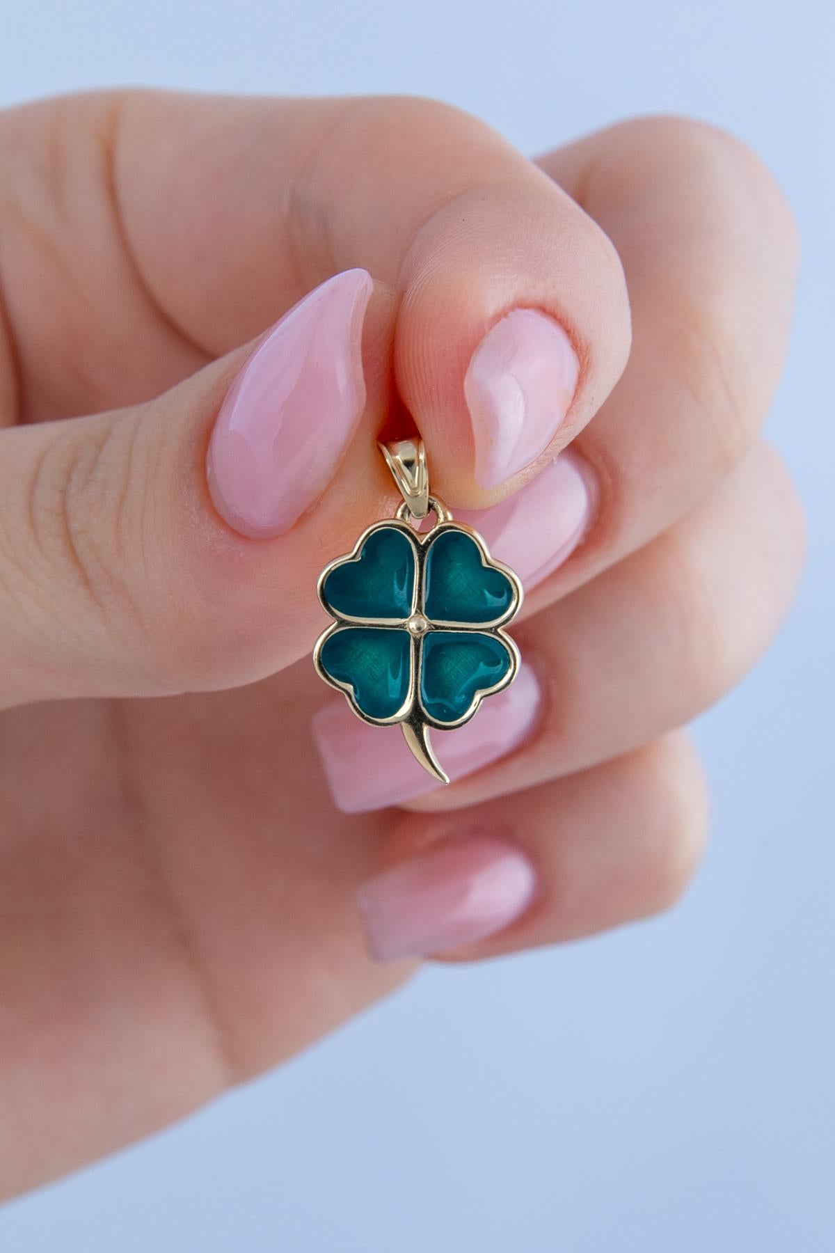 14K Gold Medium Green Enamel Four Leaf Clover Charm