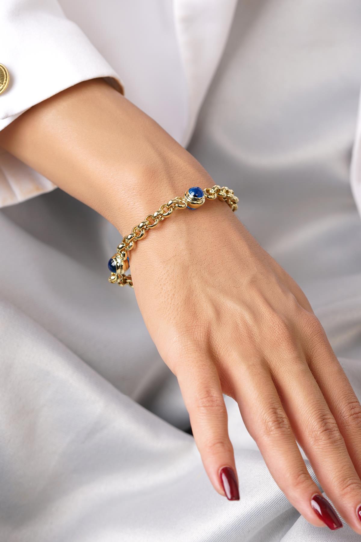 14K Gold Medium Rolo Chain 3 Evil Eye Bracelet