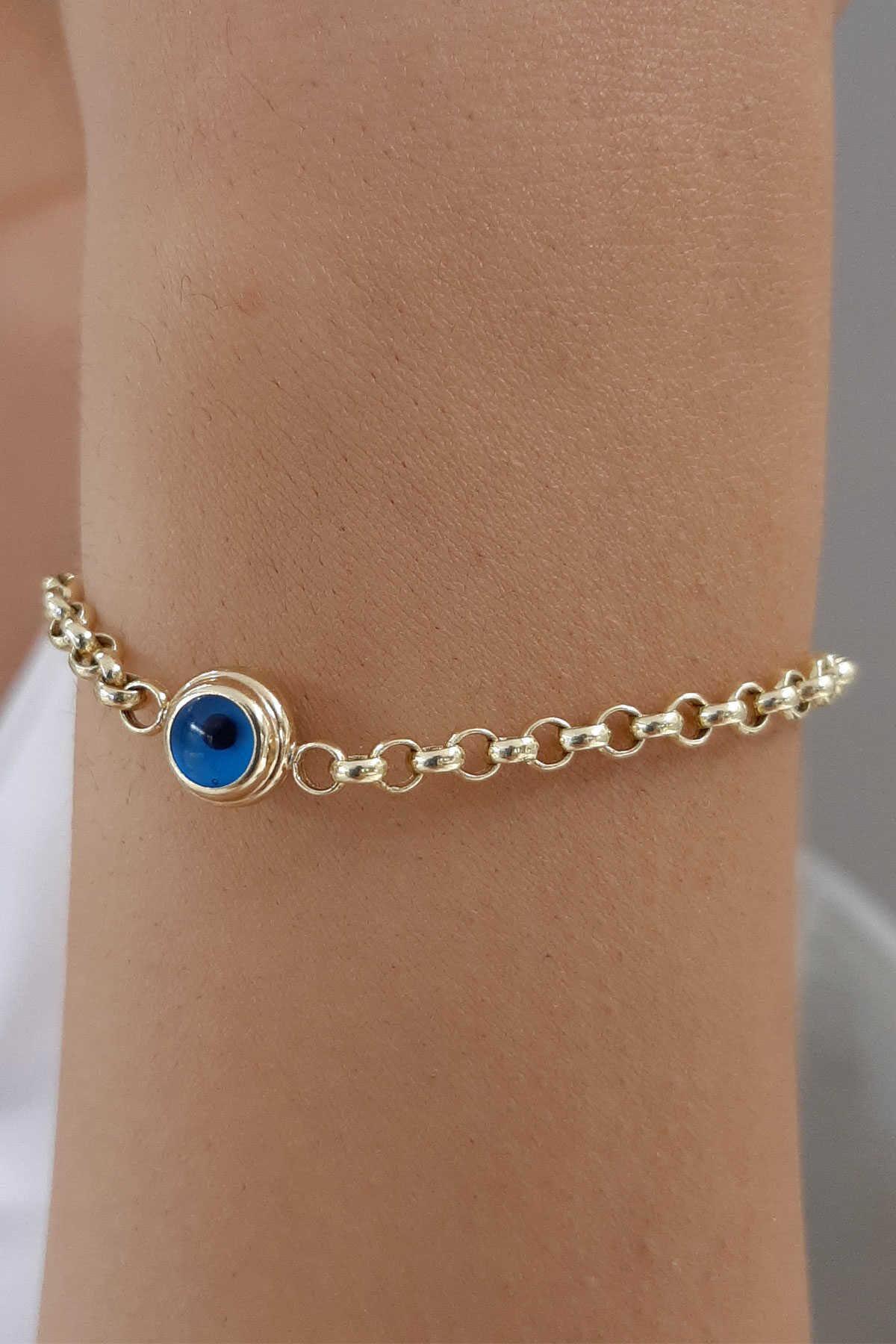14K Gold Medium Rolo Evil Eye Bracelet