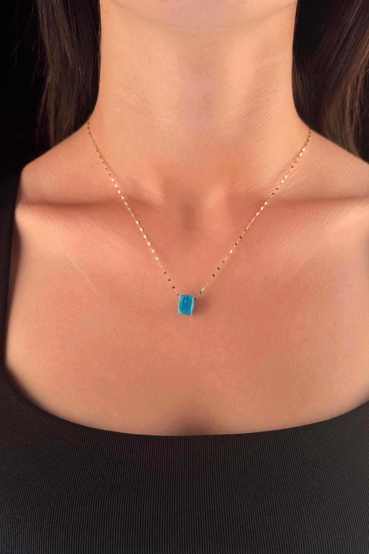 14K Gold Mirror Chain Blue Cube Necklace