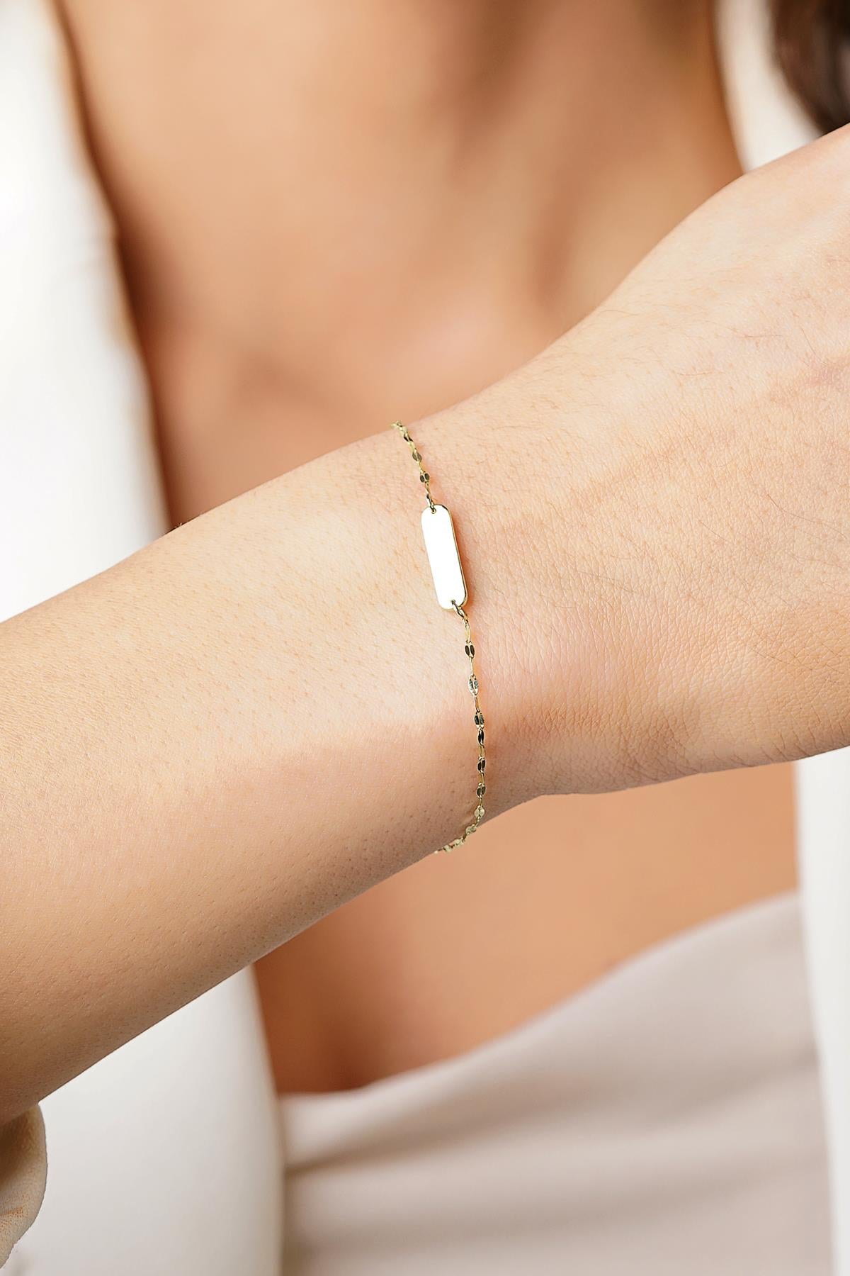 14K Gold Mirror Chain ID Plate Bracelet