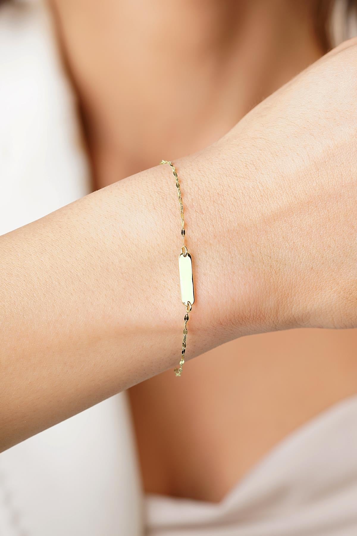 14K Gold Mirror Chain ID Plate Bracelet