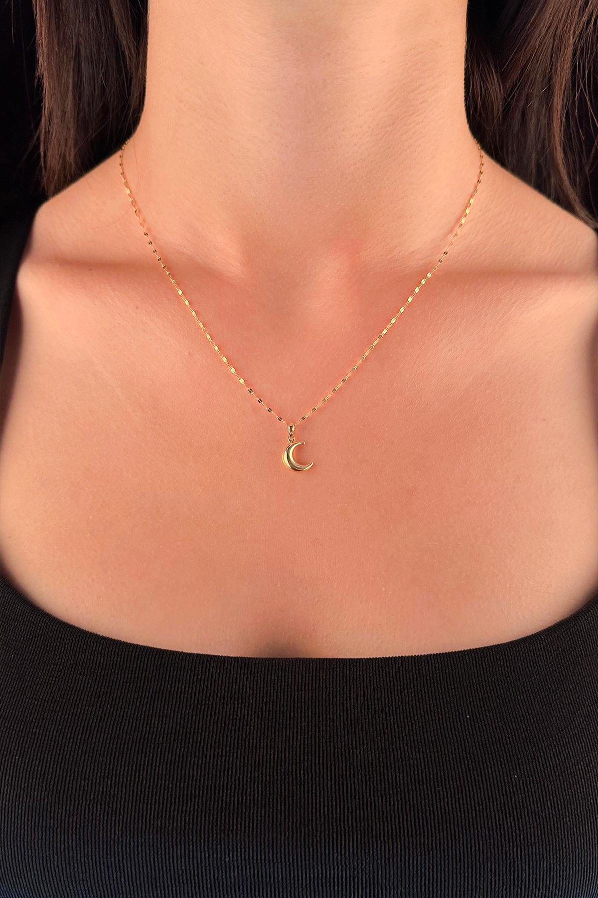 14K Gold Mirror Chain Puff Crescent Necklace
