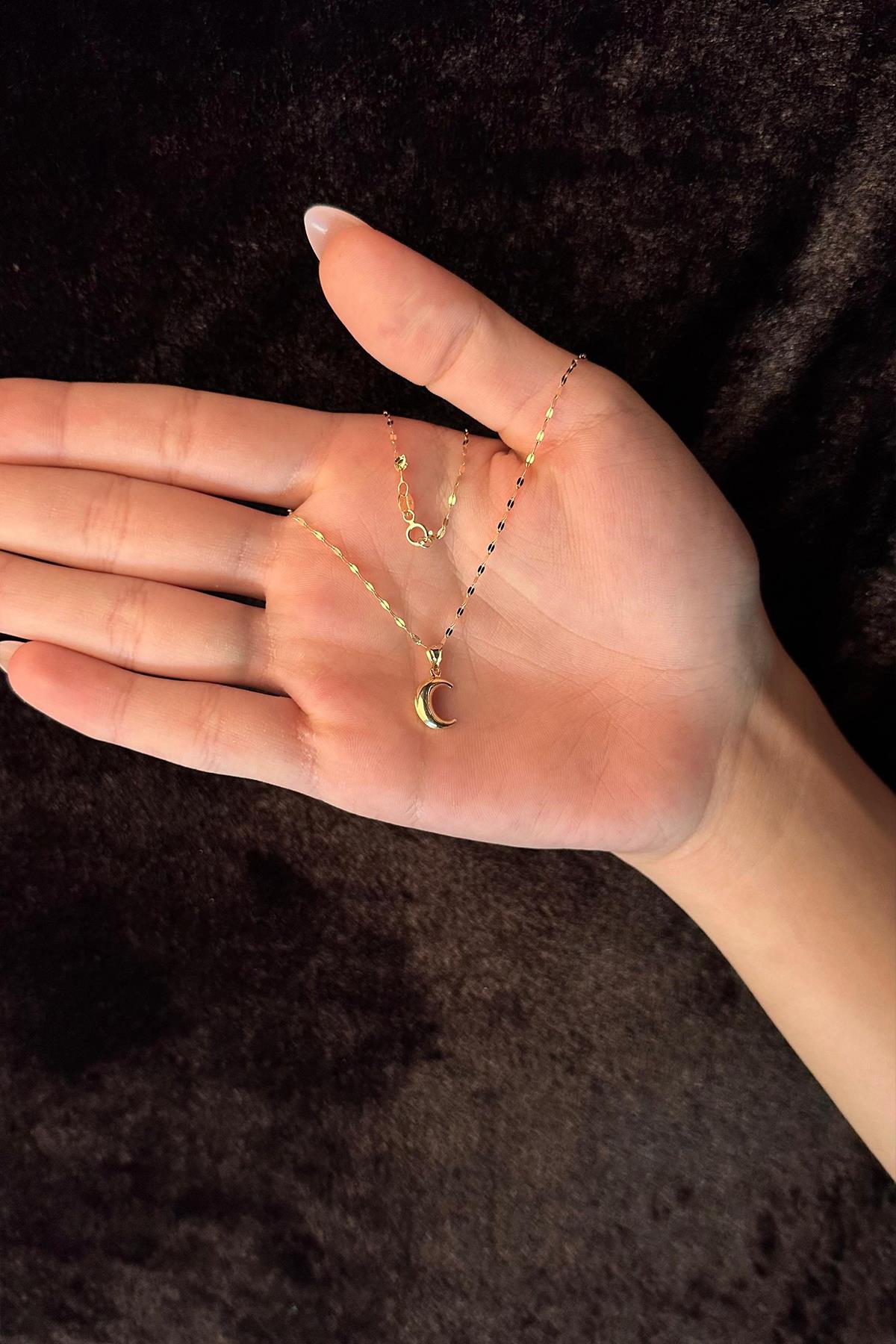 14K Gold Mirror Chain Puff Crescent Necklace