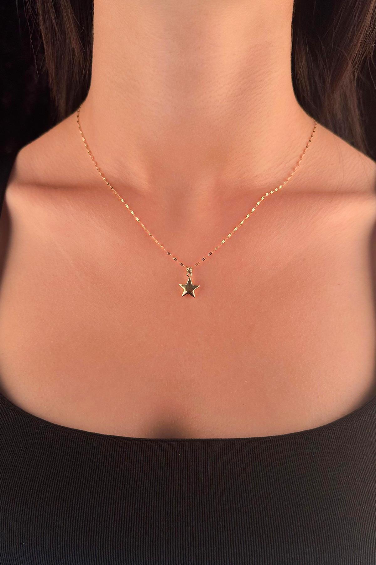 14K Gold Mirror Chain Puffy Star Necklace