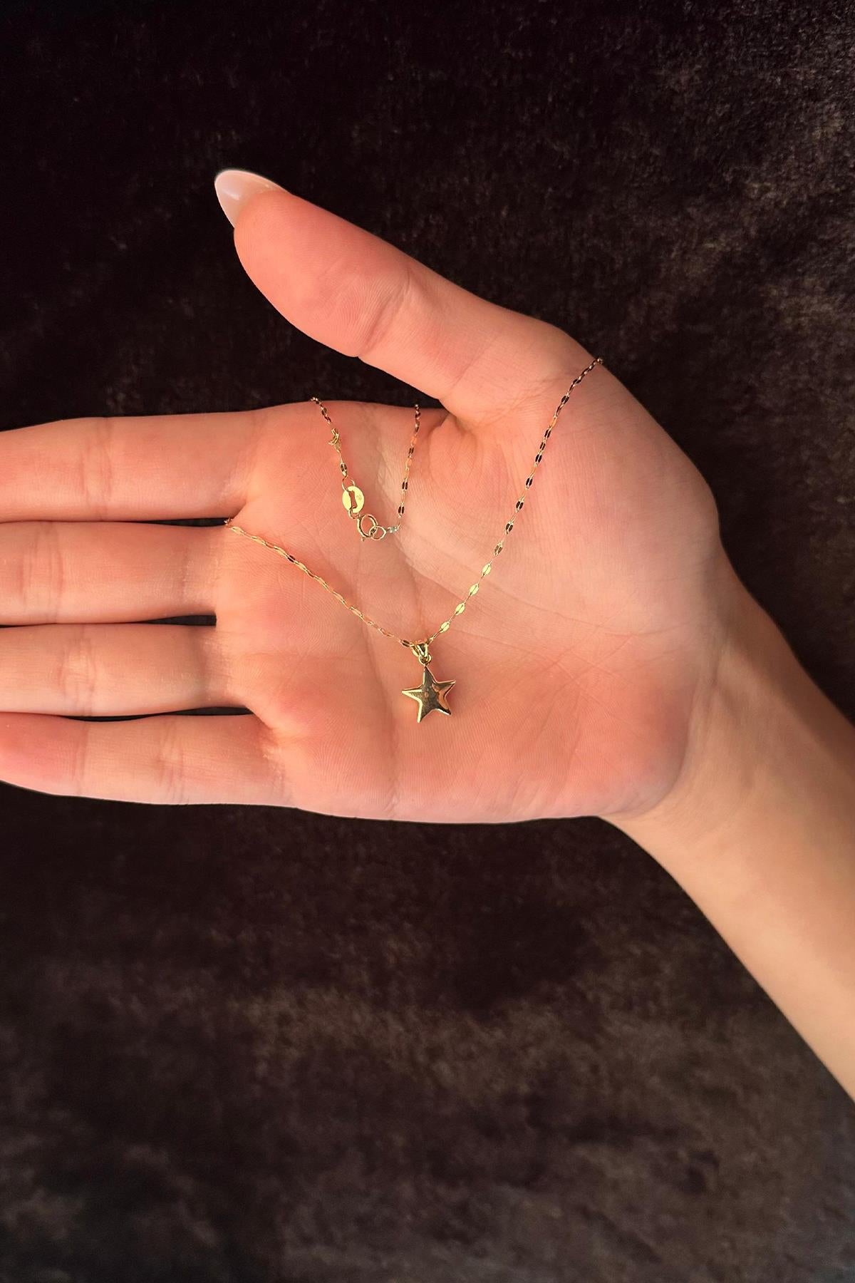 14K Gold Mirror Chain Puffy Star Necklace