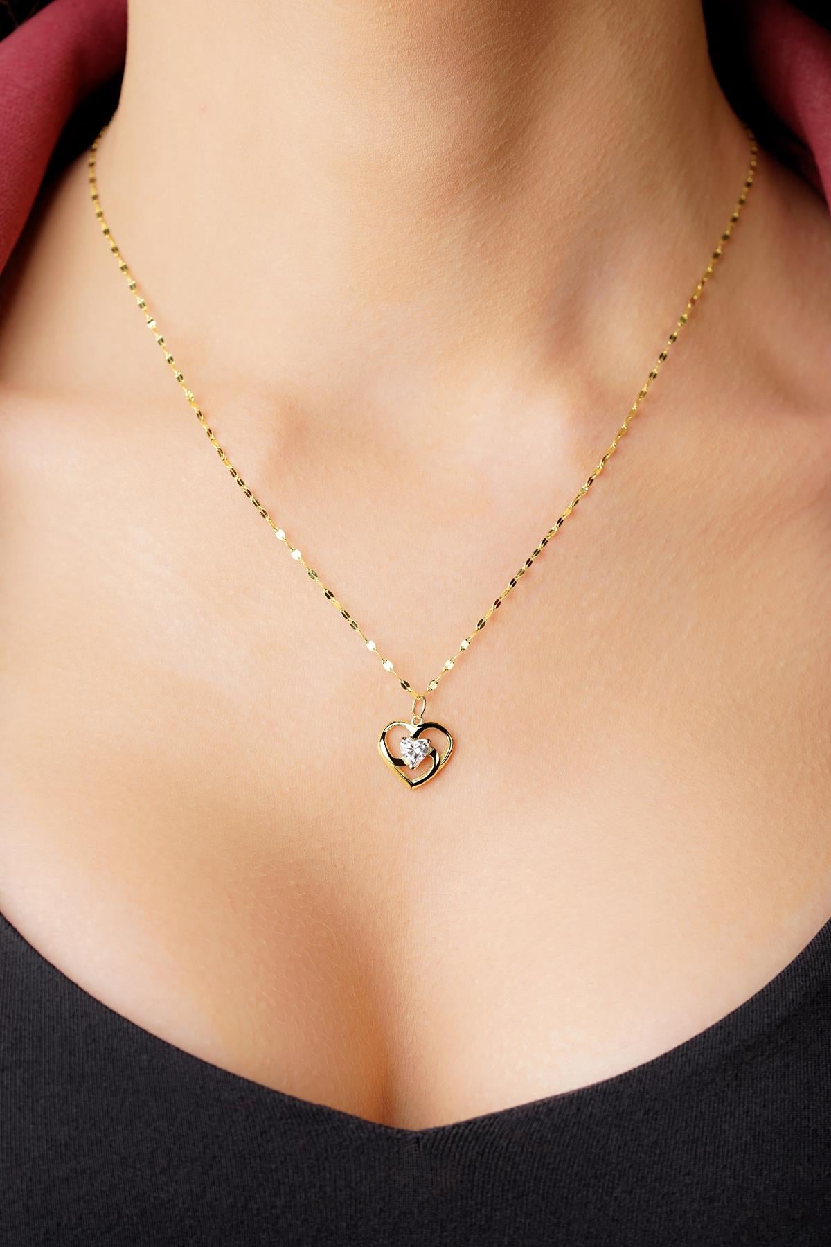 14K Gold Mirror Chain Stone Heart Necklace
