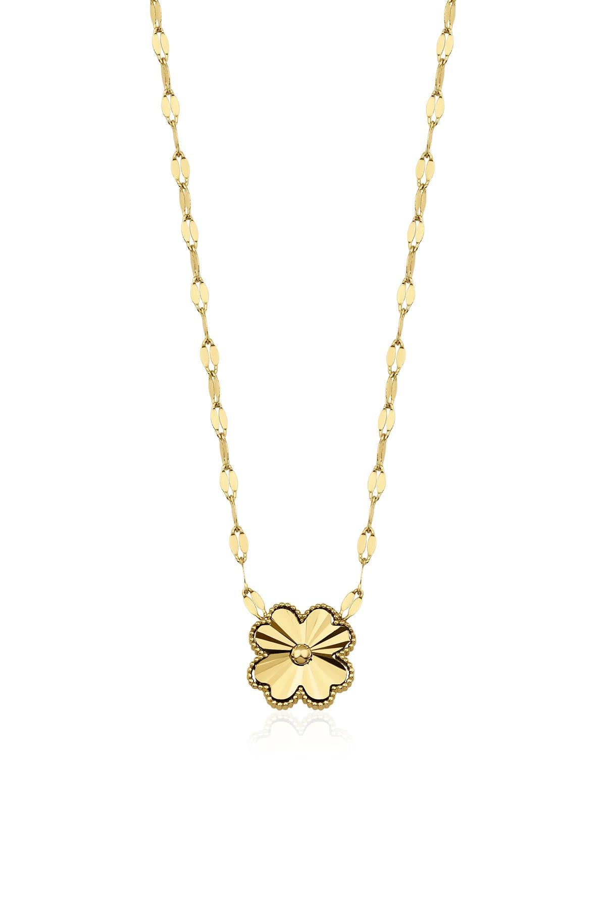 14K Gold Mirror Chain Sunburst Clover Necklace