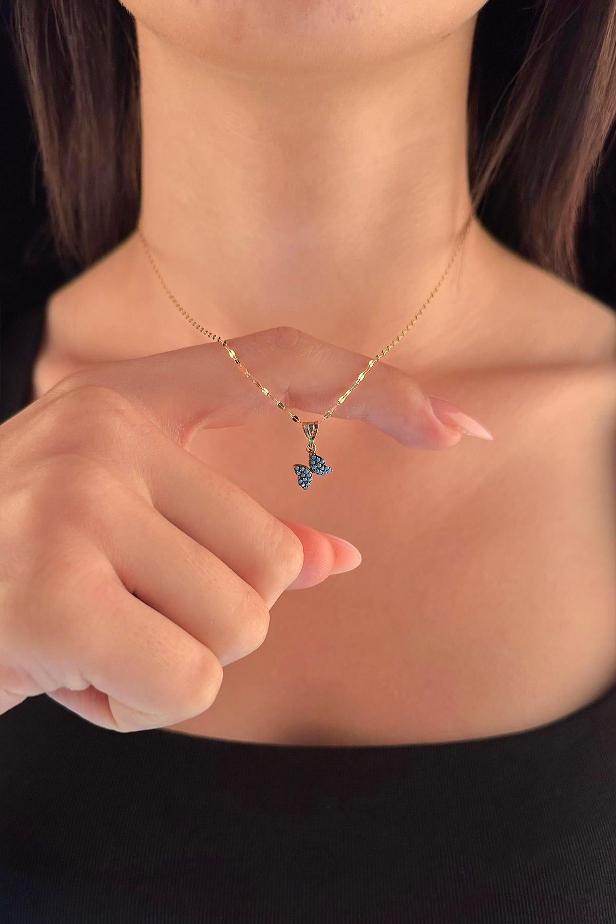 14K Gold Mirror Chain Turquoise Stone Butterfly Necklace