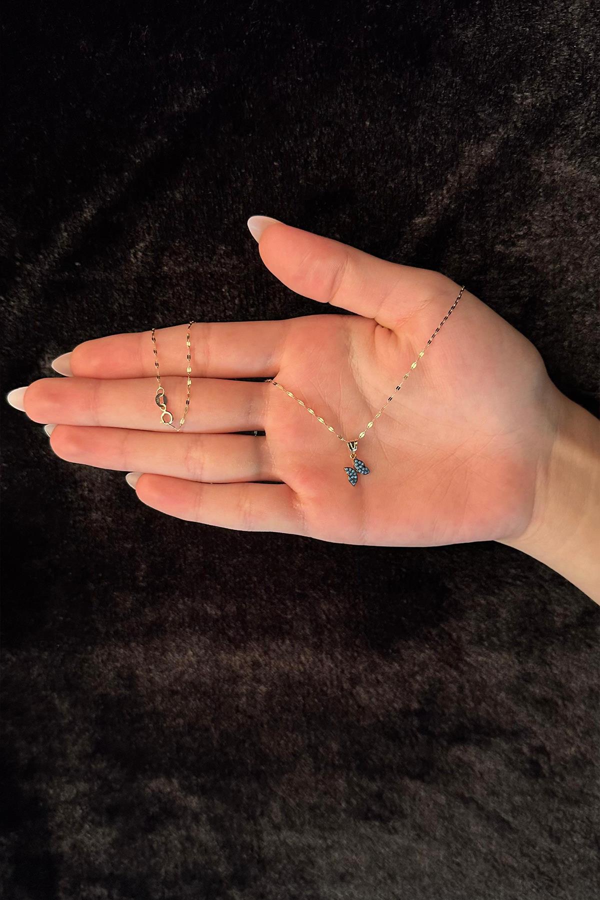 14K Gold Mirror Chain Turquoise Stone Butterfly Necklace