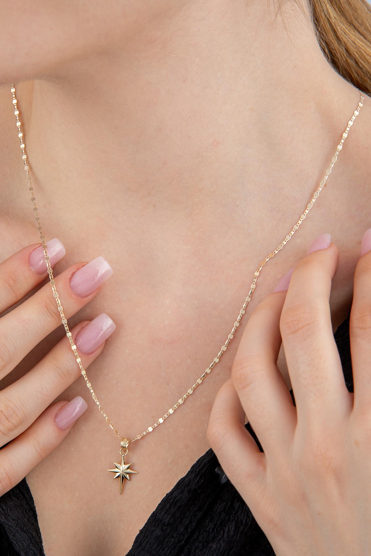 14K Gold Mirror Link Mariner Chain North Star Necklace