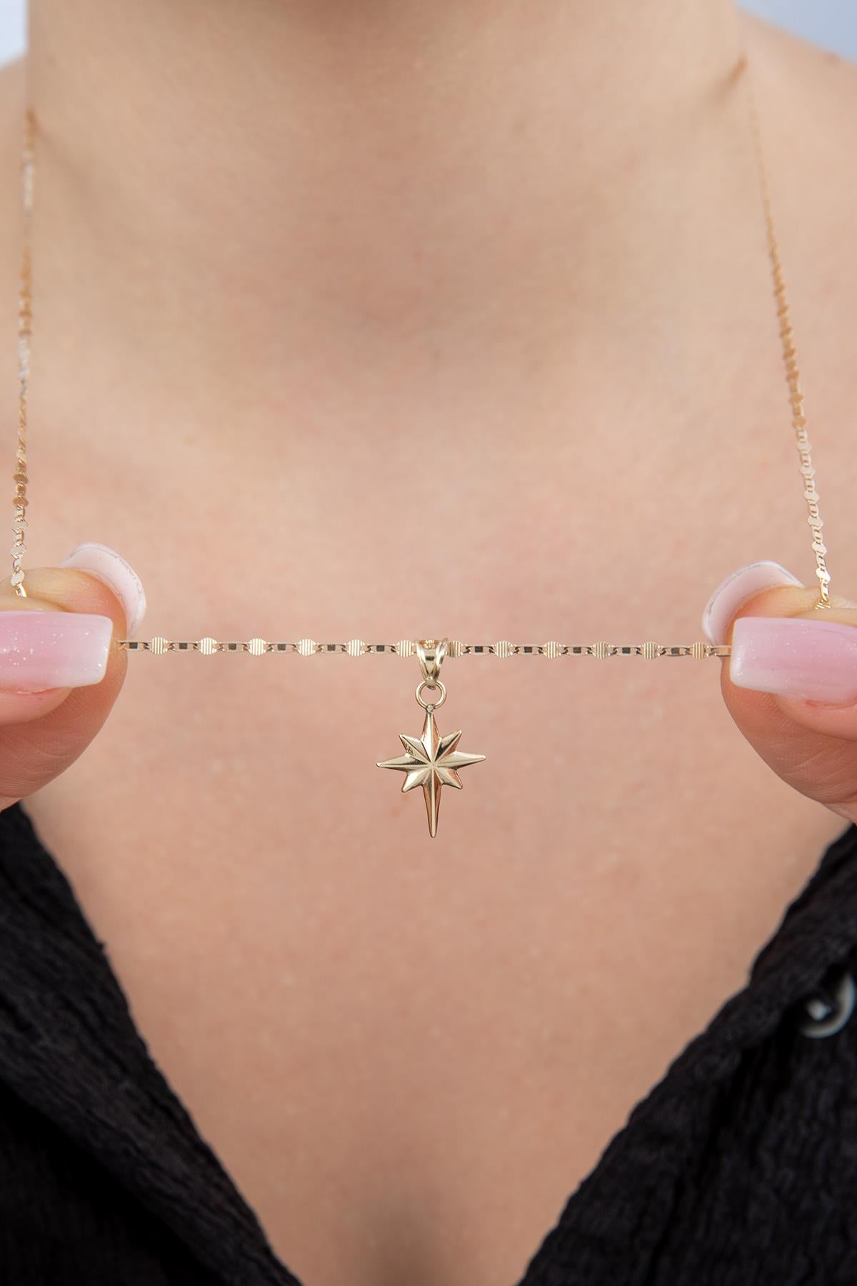 14K Gold Mirror Link Mariner Chain North Star Necklace