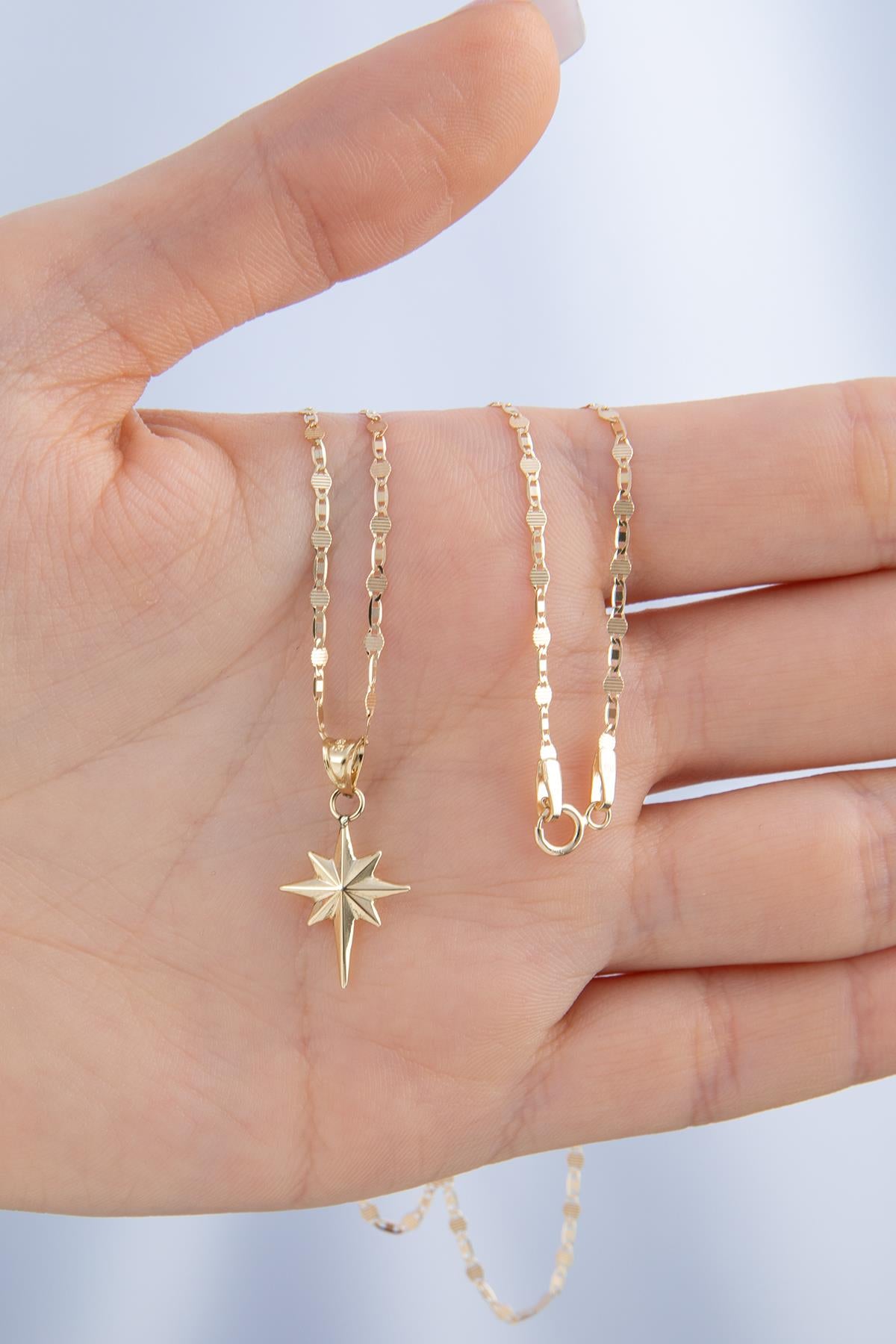 14K Gold Mirror Link Mariner Chain North Star Necklace