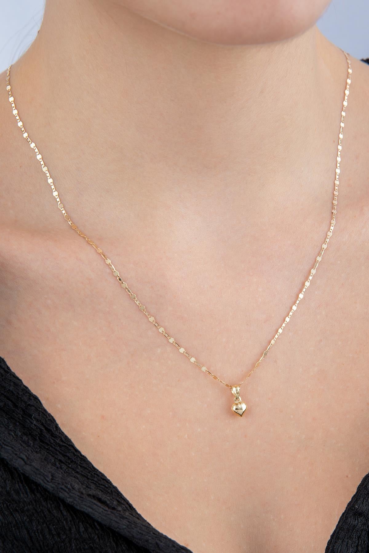 14K Gold Mirror Link Mariner Chain Small Puff Heart Necklace
