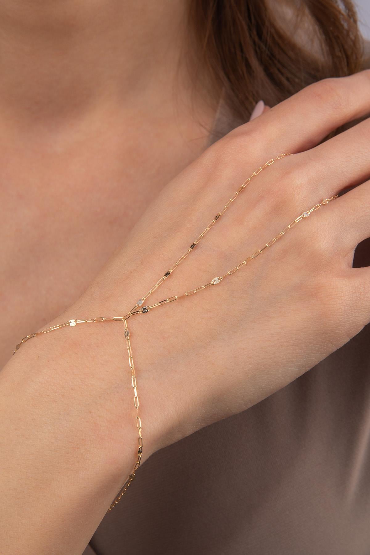 14K Gold Mirror Link Paperclip Hand Chain