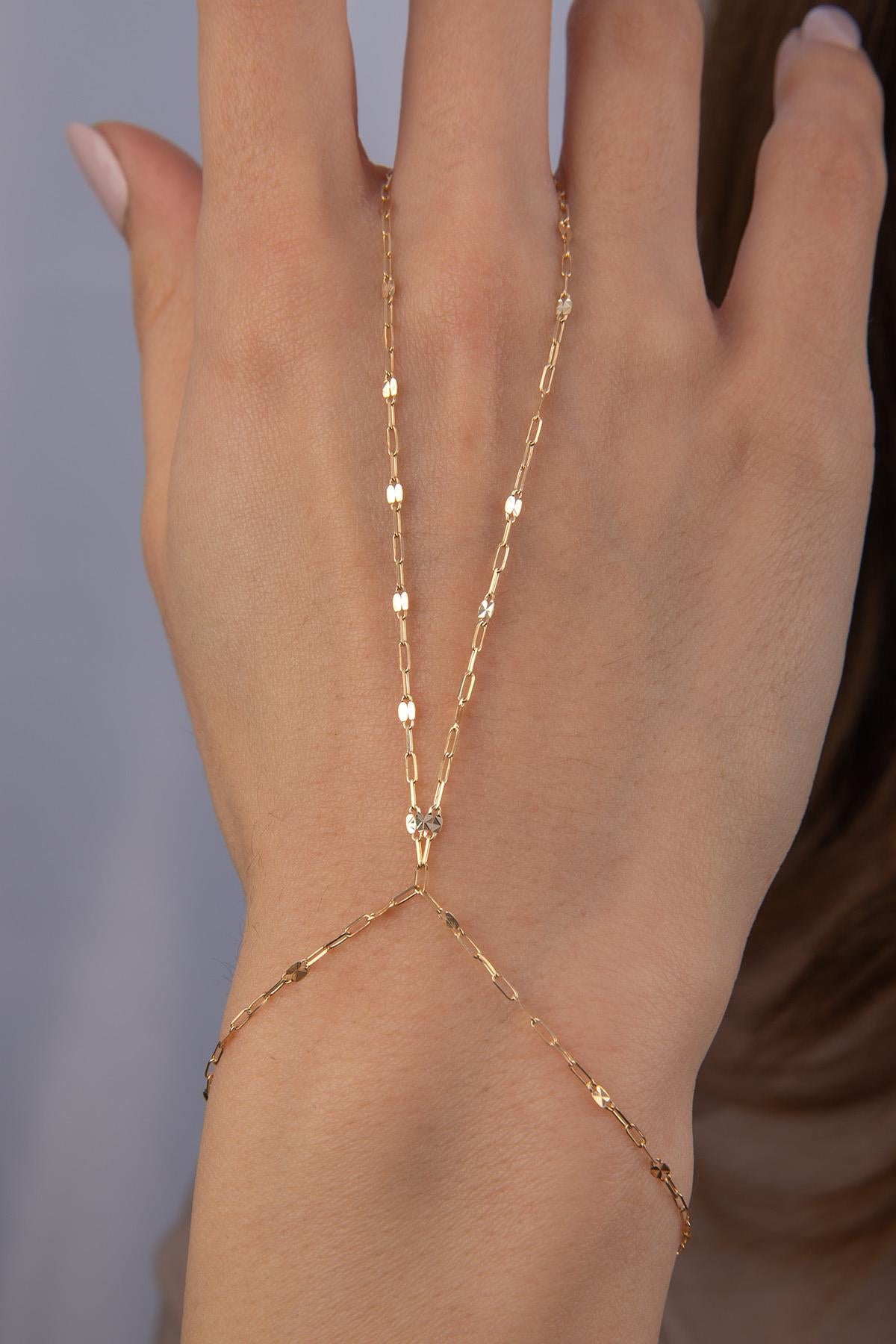 14K Gold Mirror Link Paperclip Hand Chain