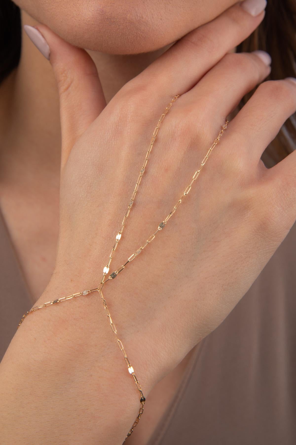 14K Gold Mirror Link Paperclip Hand Chain