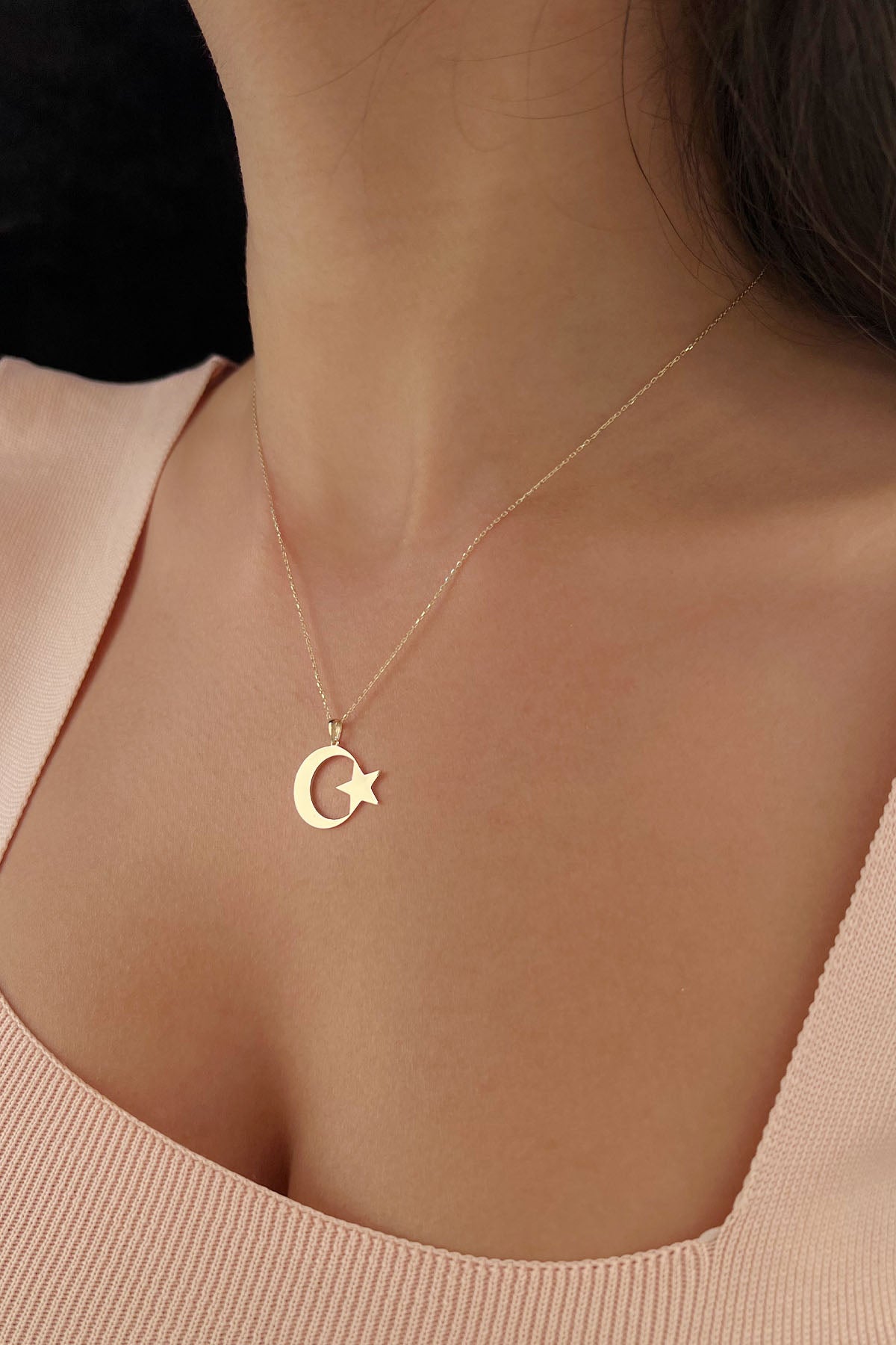 14K Gold Moon Star Necklace