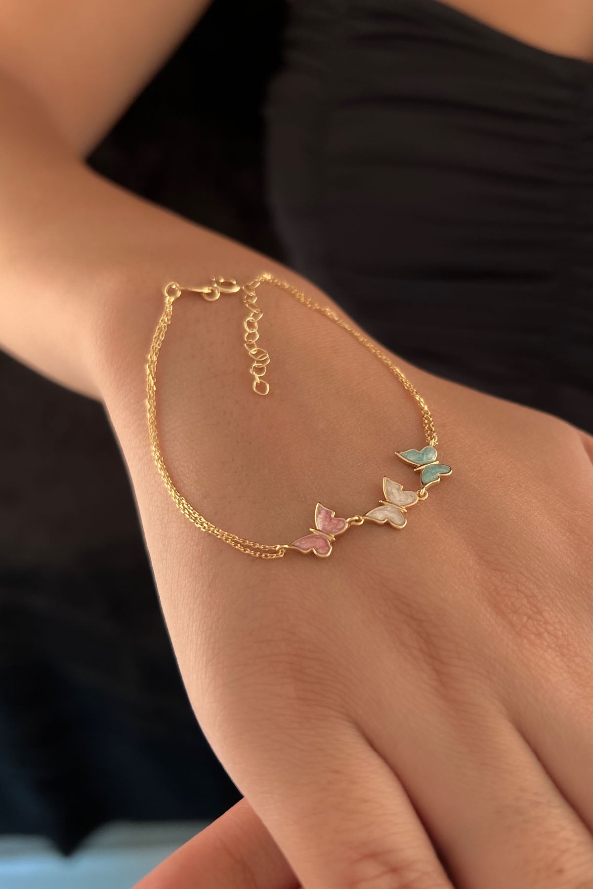 14K Gold Multi Color Enamel Butterfly Charm Bracelet 1