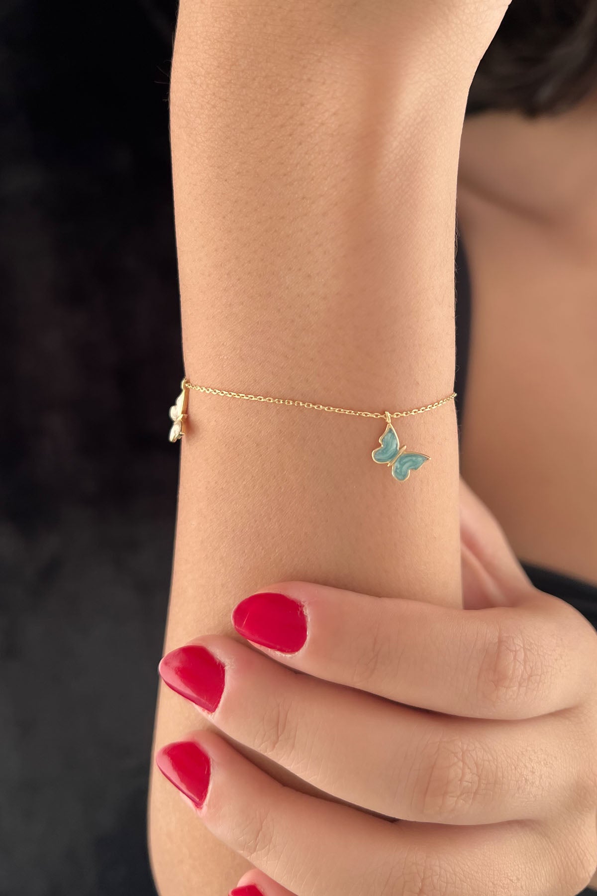 14K Gold Multi Color Enamel Butterfly Charm Bracelet 2