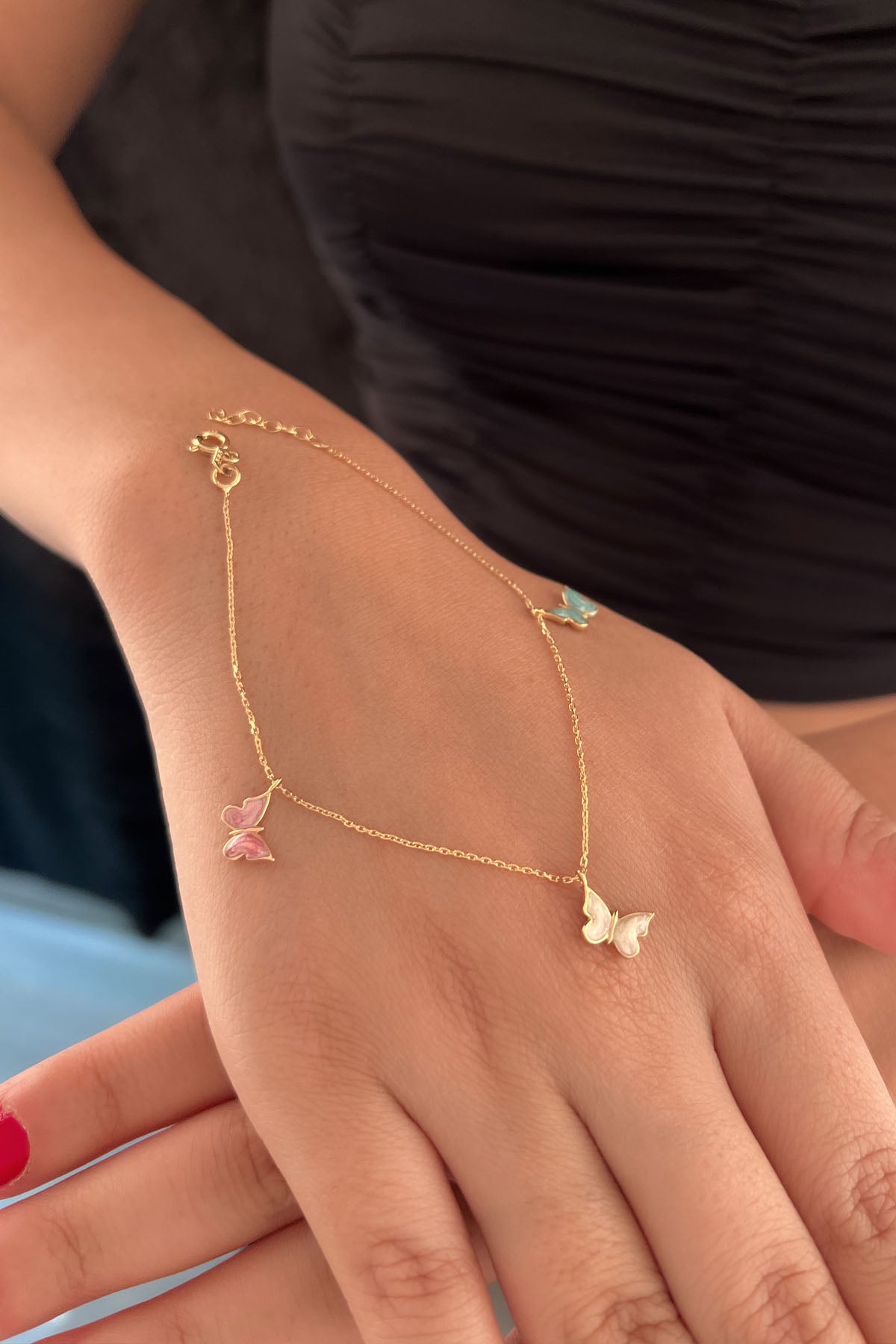 14K Gold Multi Color Enamel Butterfly Charm Bracelet 2