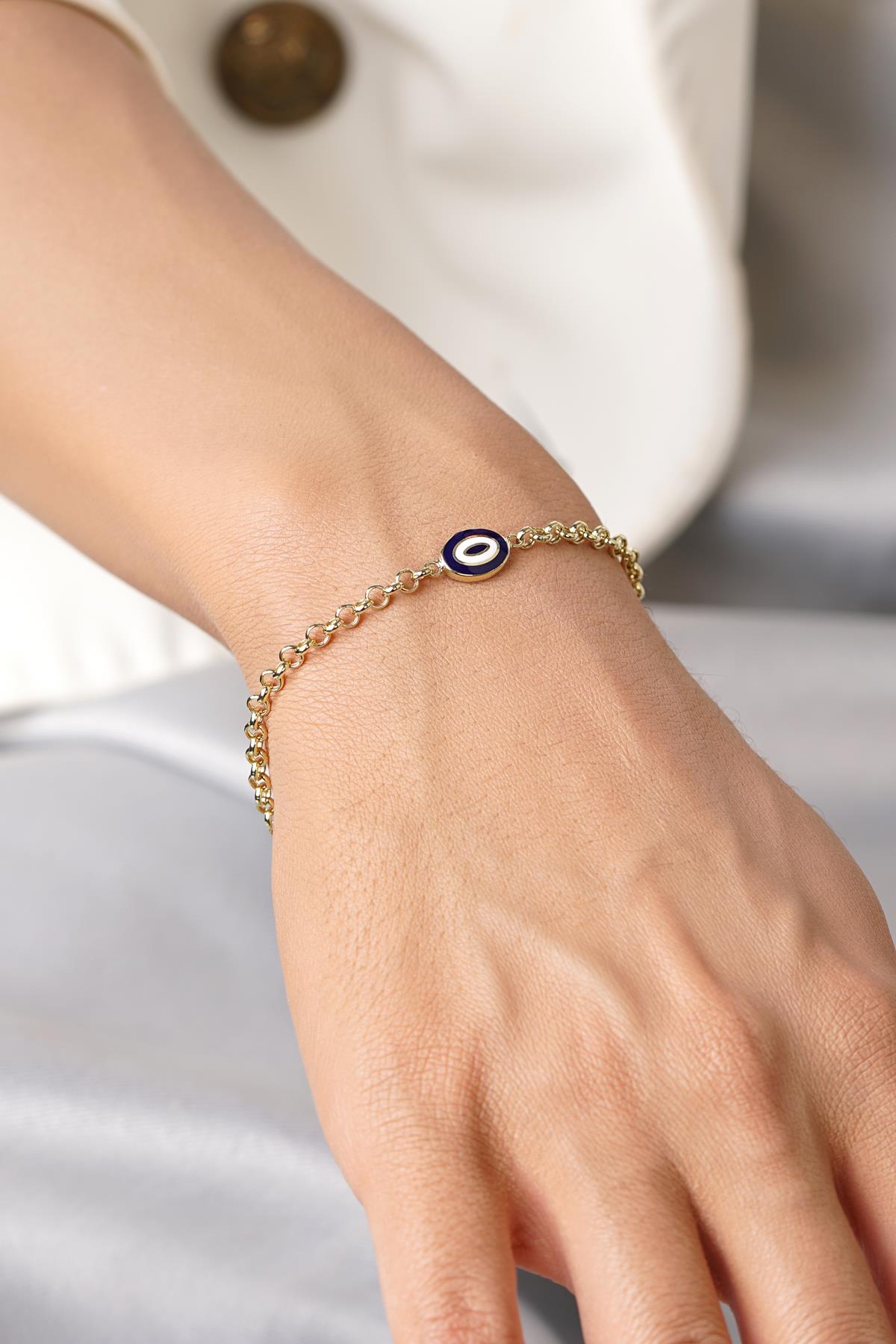 14K Gold Navy Enamel Evil Eye Bracelet
