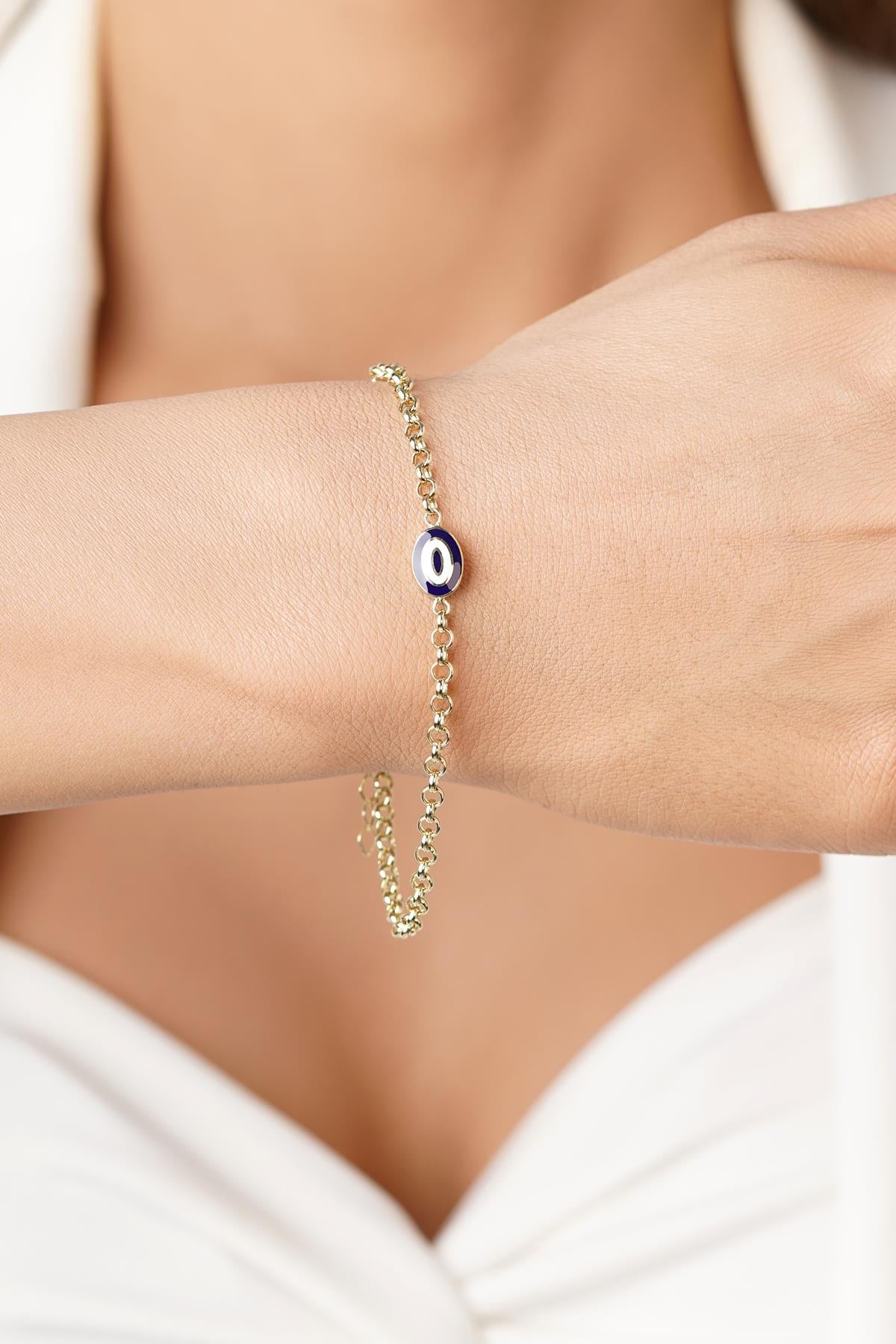 14K Gold Navy Enamel Evil Eye Bracelet